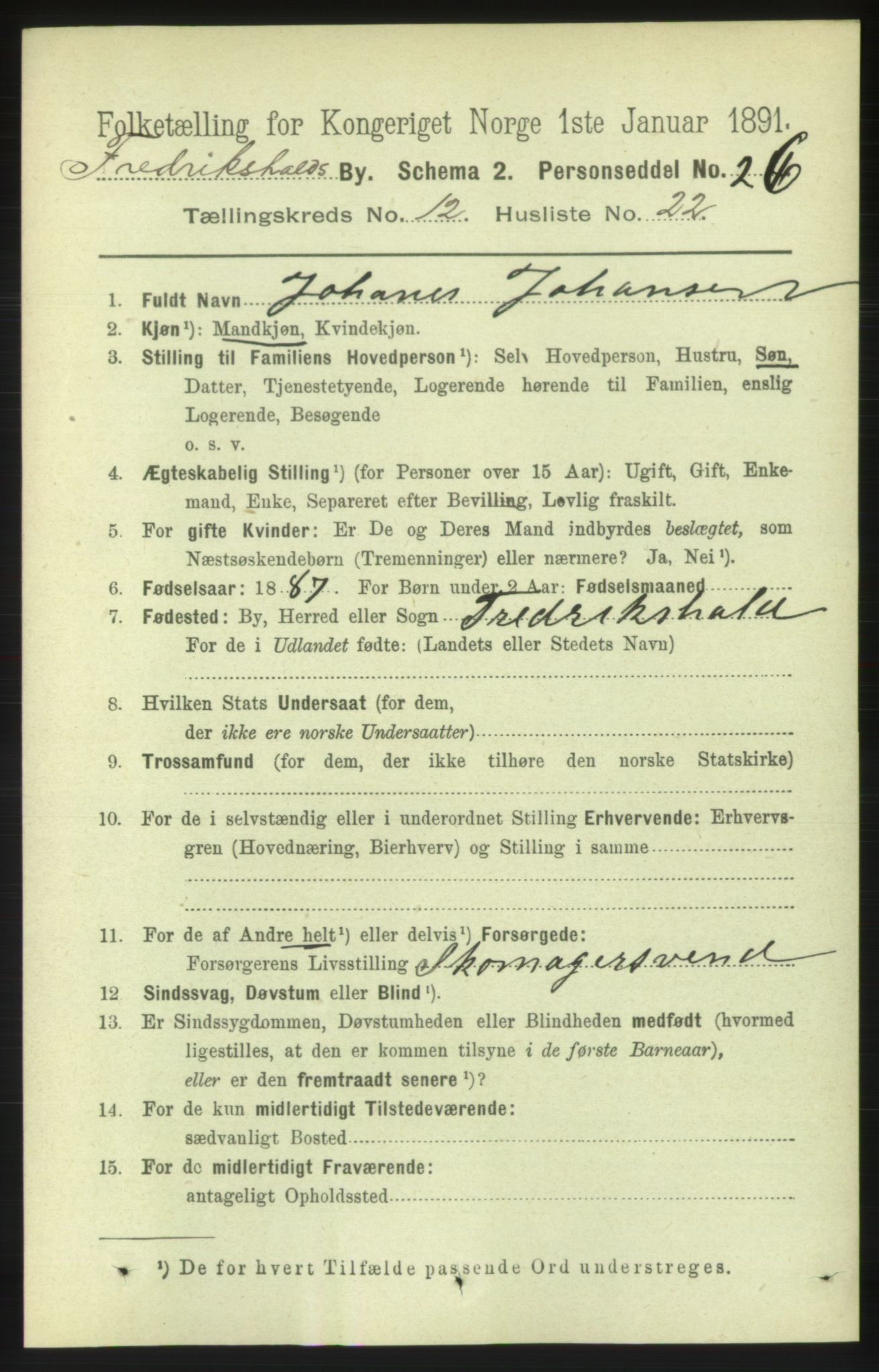 RA, 1891 census for 0101 Fredrikshald, 1891, p. 8561