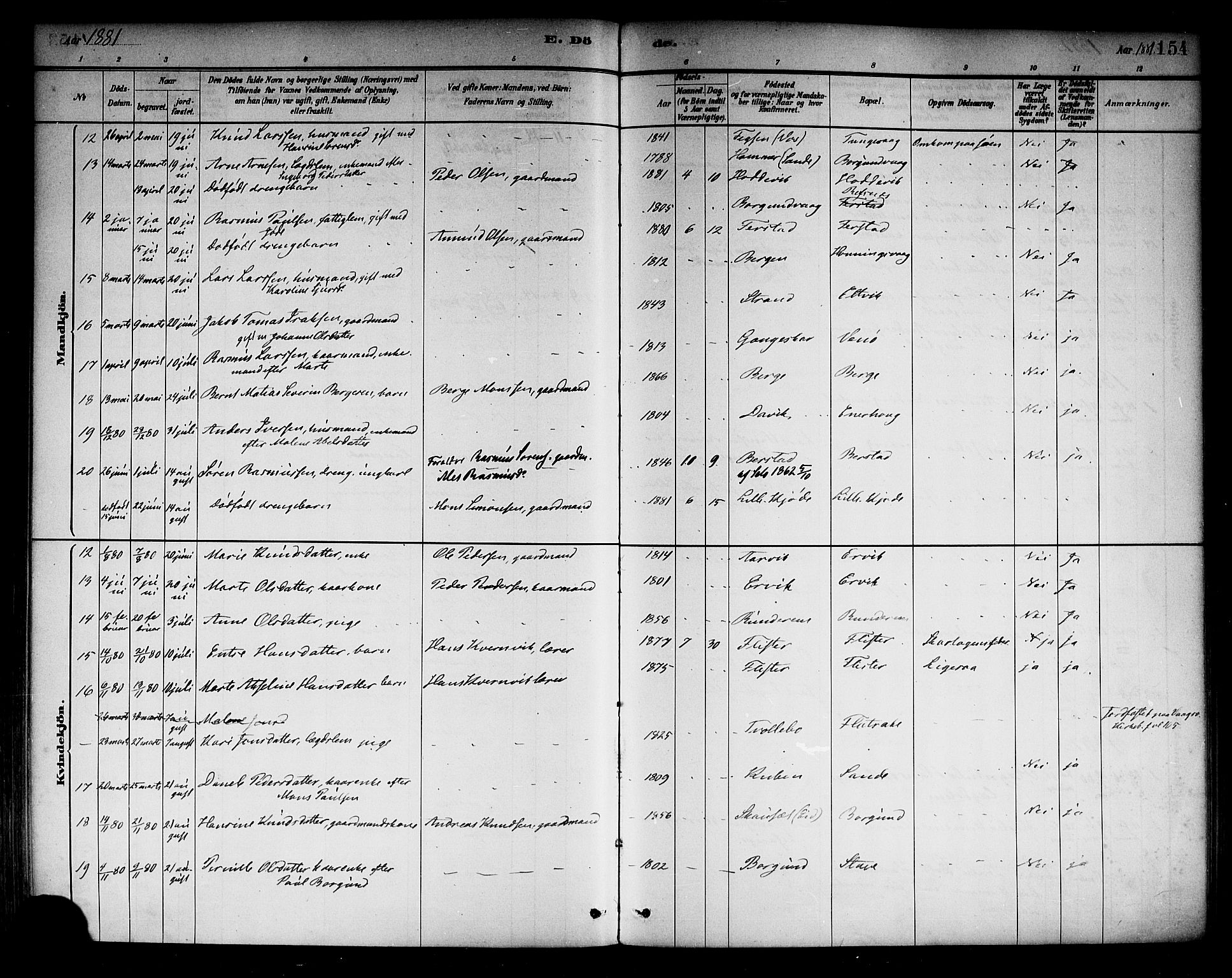 Selje sokneprestembete, AV/SAB-A-99938/H/Ha/Haa/Haab: Parish register (official) no. B 1, 1881-1890, p. 154