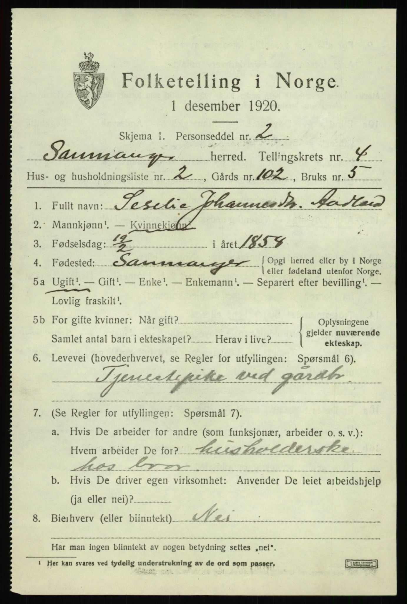 SAB, 1920 census for Samnanger, 1920, p. 1679