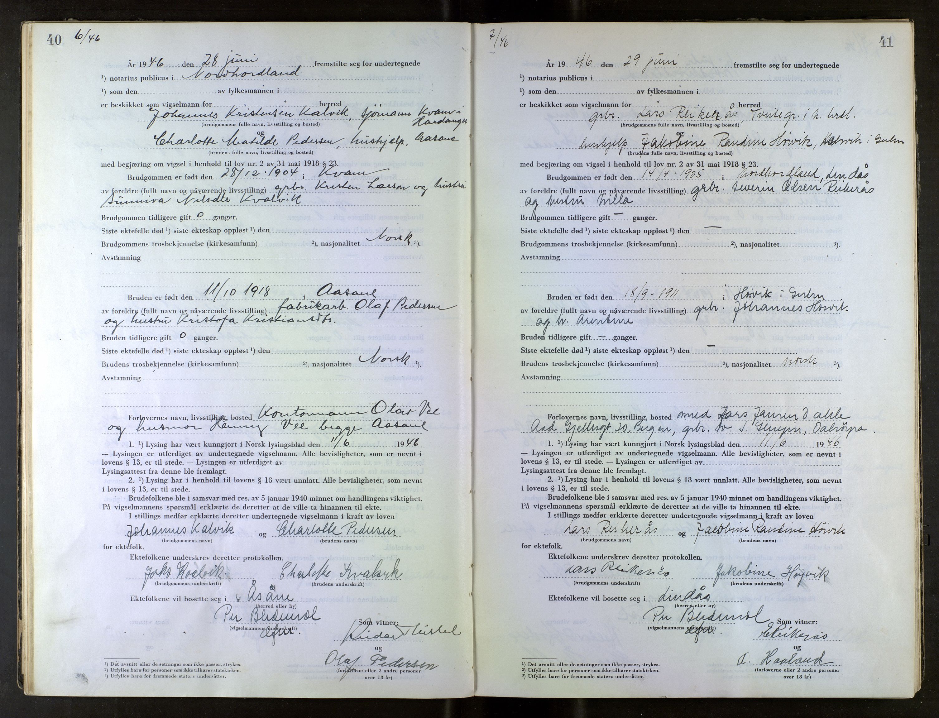 Nordhordland sorenskrivar, AV/SAB-A-2901/1/M/Mb/Mba/L0004: Vigselbøker, 1945-1952, p. 40-41