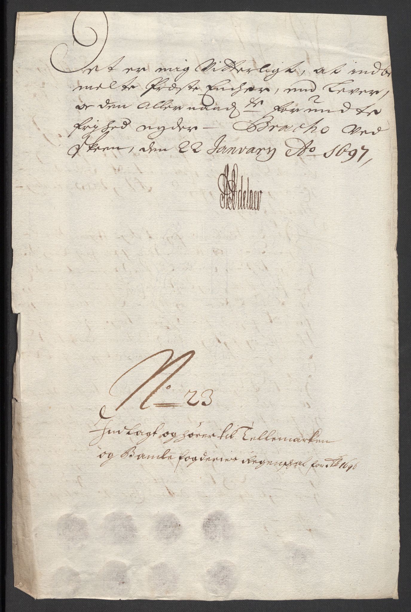 Rentekammeret inntil 1814, Reviderte regnskaper, Fogderegnskap, RA/EA-4092/R36/L2095: Fogderegnskap Øvre og Nedre Telemark og Bamble, 1696, p. 194