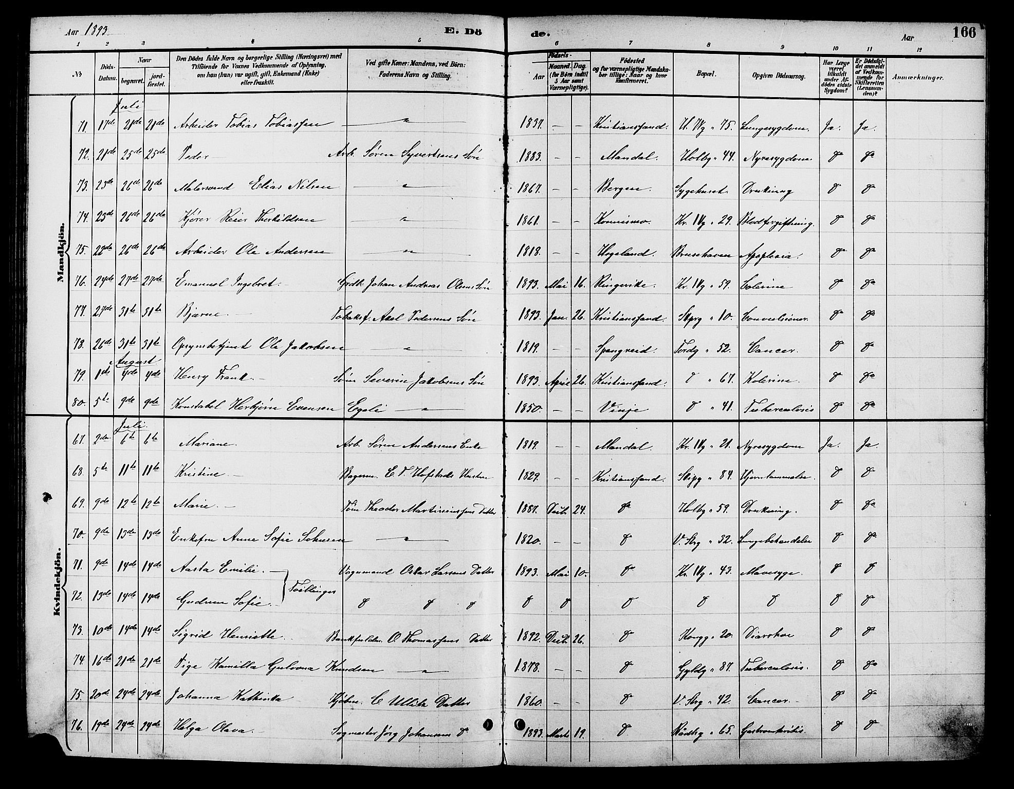 Kristiansand domprosti, SAK/1112-0006/F/Fb/L0017: Parish register (copy) no. B 17, 1893-1906, p. 166