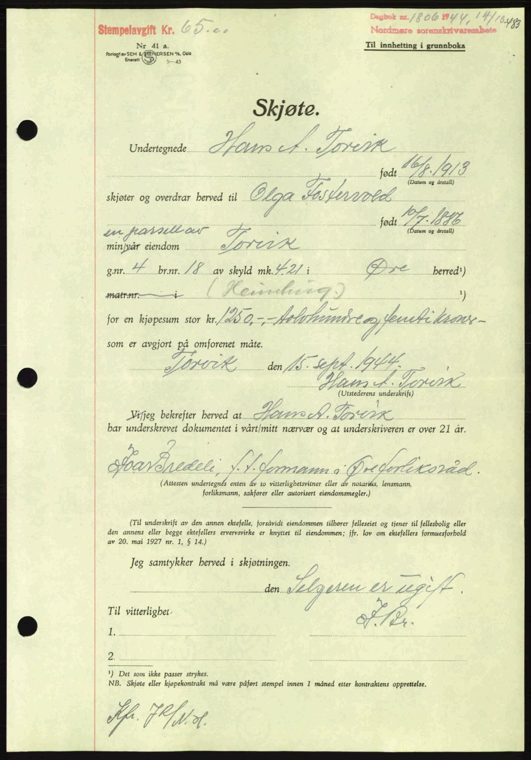 Nordmøre sorenskriveri, AV/SAT-A-4132/1/2/2Ca: Mortgage book no. A98, 1944-1944, Diary no: : 1806/1944