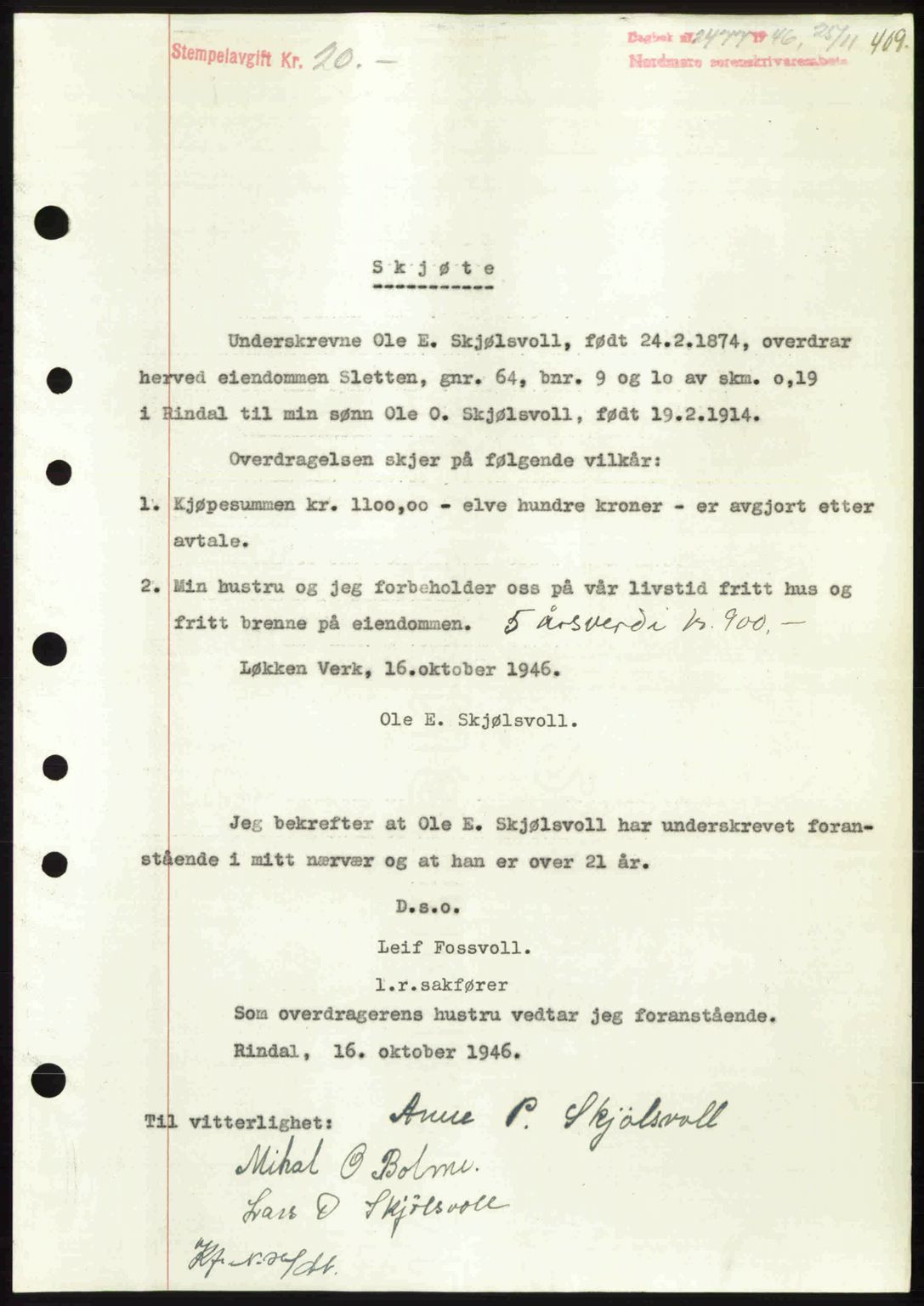 Nordmøre sorenskriveri, AV/SAT-A-4132/1/2/2Ca: Mortgage book no. A103, 1946-1947, Diary no: : 2477/1946