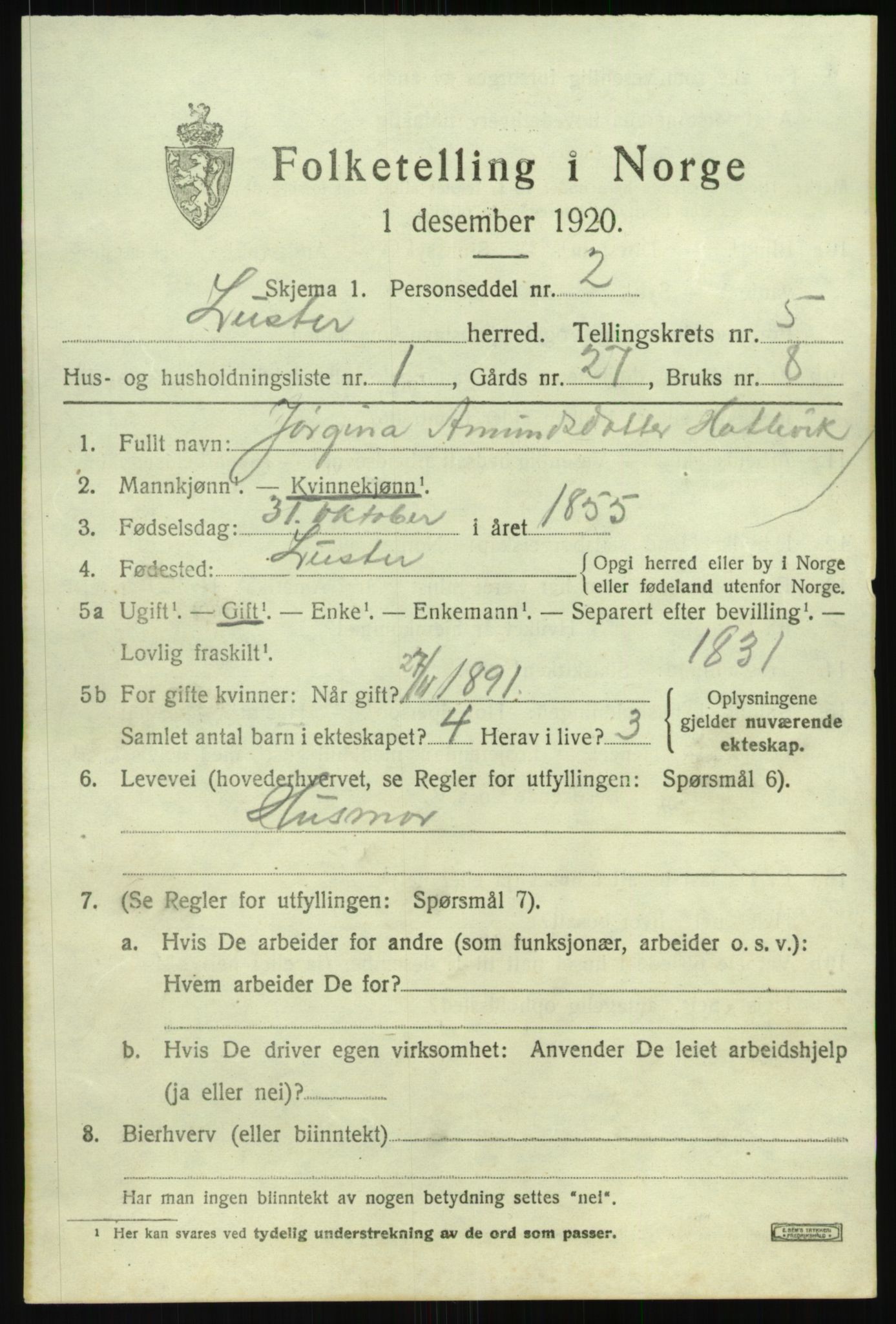 SAB, 1920 census for Luster, 1920, p. 3146