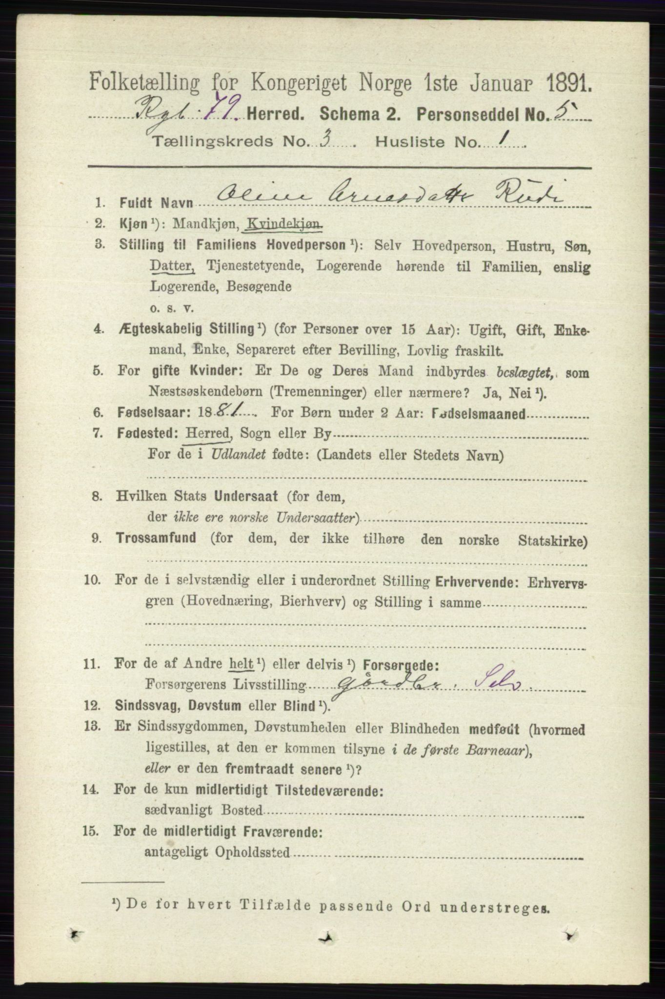 RA, 1891 census for 0520 Ringebu, 1891, p. 725