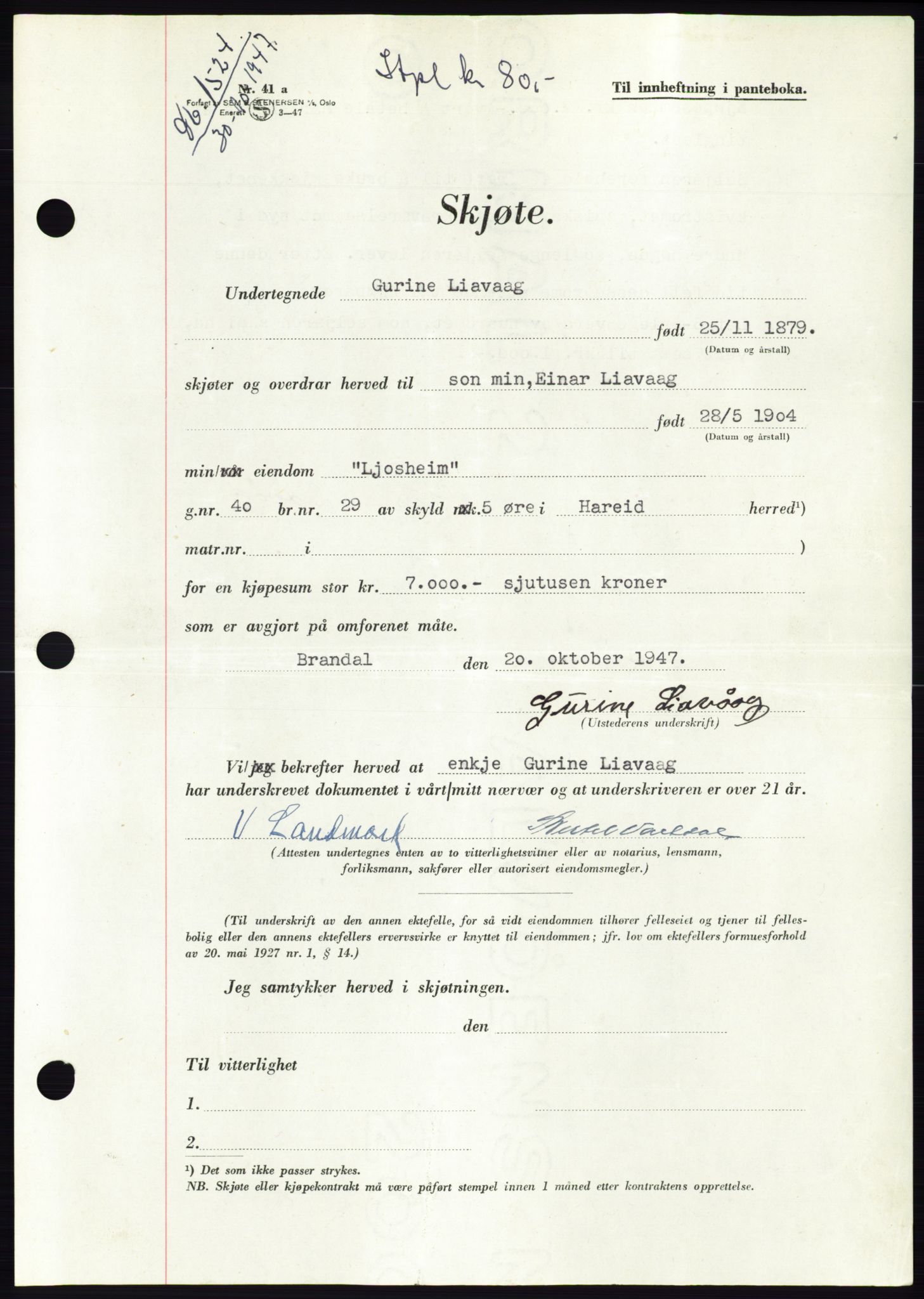 Søre Sunnmøre sorenskriveri, AV/SAT-A-4122/1/2/2C/L0081: Mortgage book no. 7A, 1947-1948, Diary no: : 1524/1947