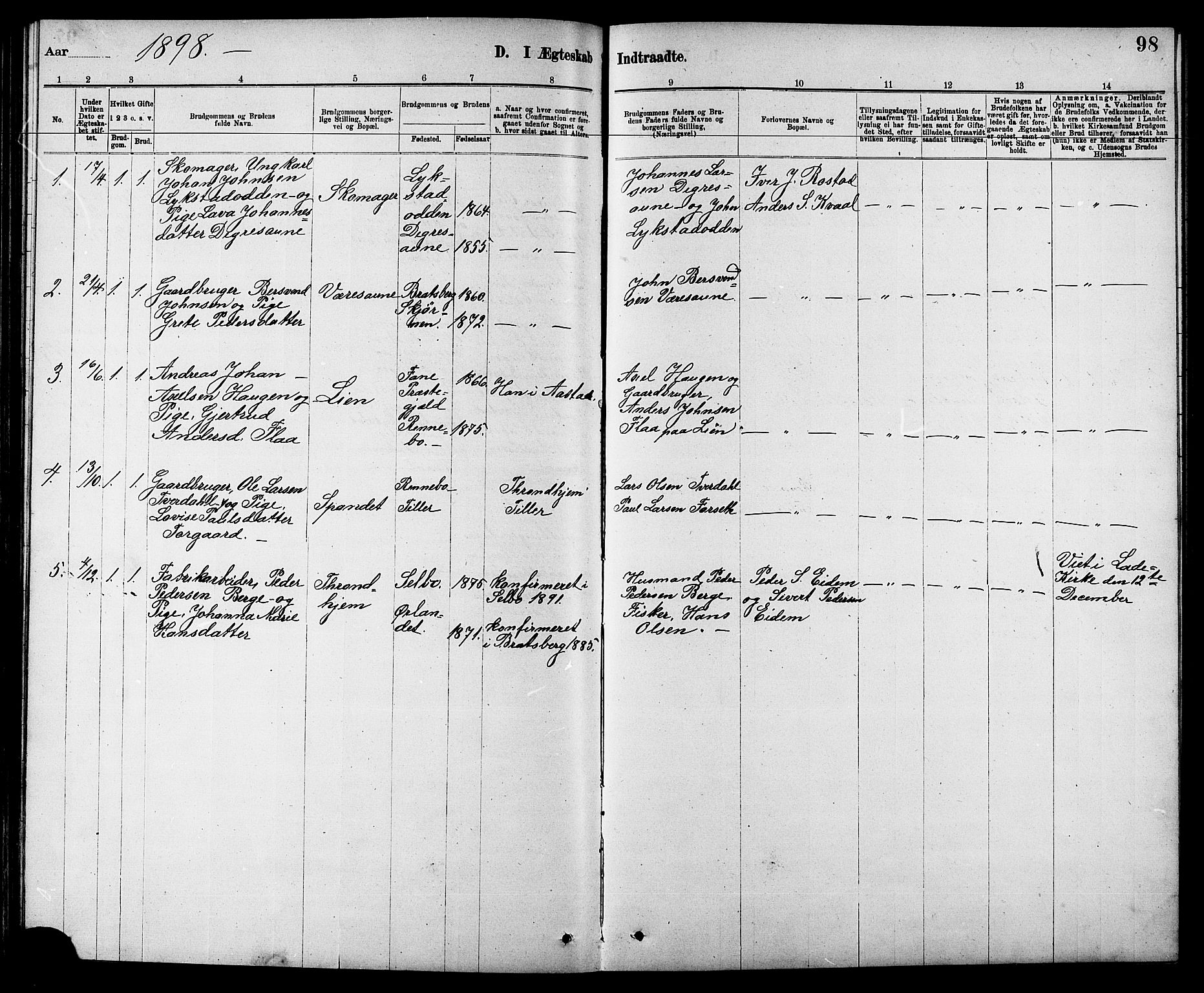 Ministerialprotokoller, klokkerbøker og fødselsregistre - Sør-Trøndelag, SAT/A-1456/608/L0341: Parish register (copy) no. 608C07, 1890-1912, p. 98