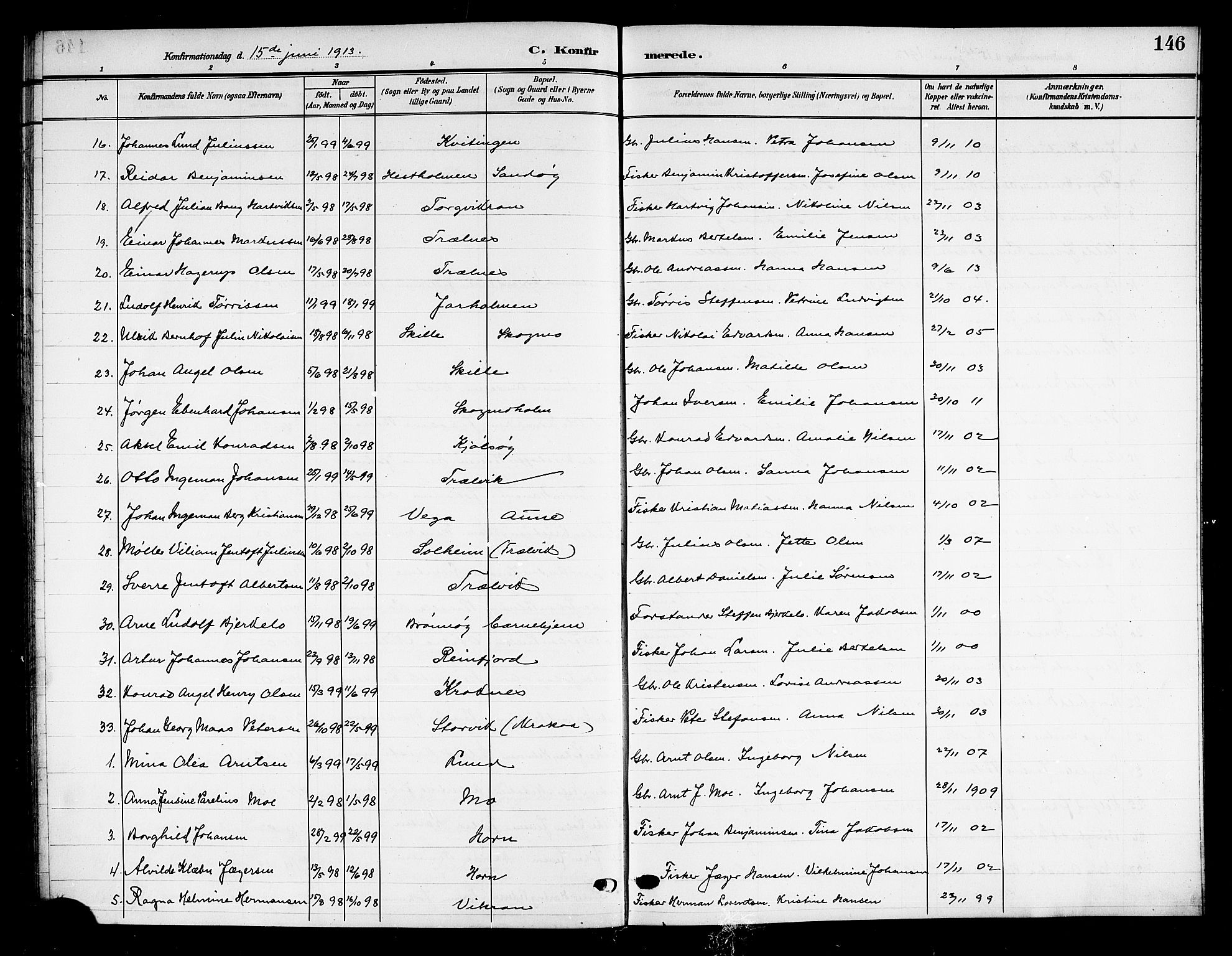 Ministerialprotokoller, klokkerbøker og fødselsregistre - Nordland, SAT/A-1459/813/L0214: Parish register (copy) no. 813C06, 1904-1917, p. 146