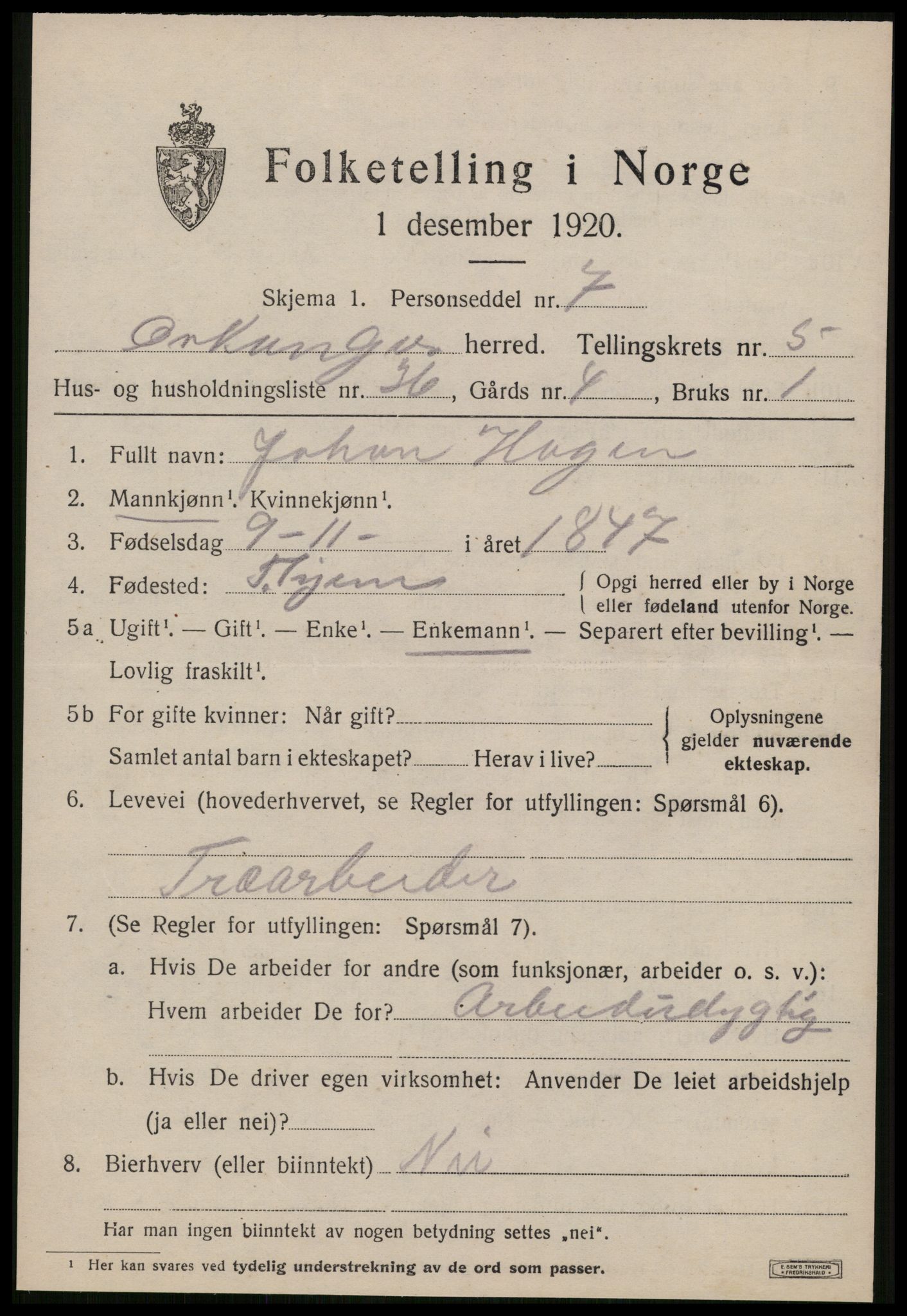 SAT, 1920 census for Orkanger, 1920, p. 3117