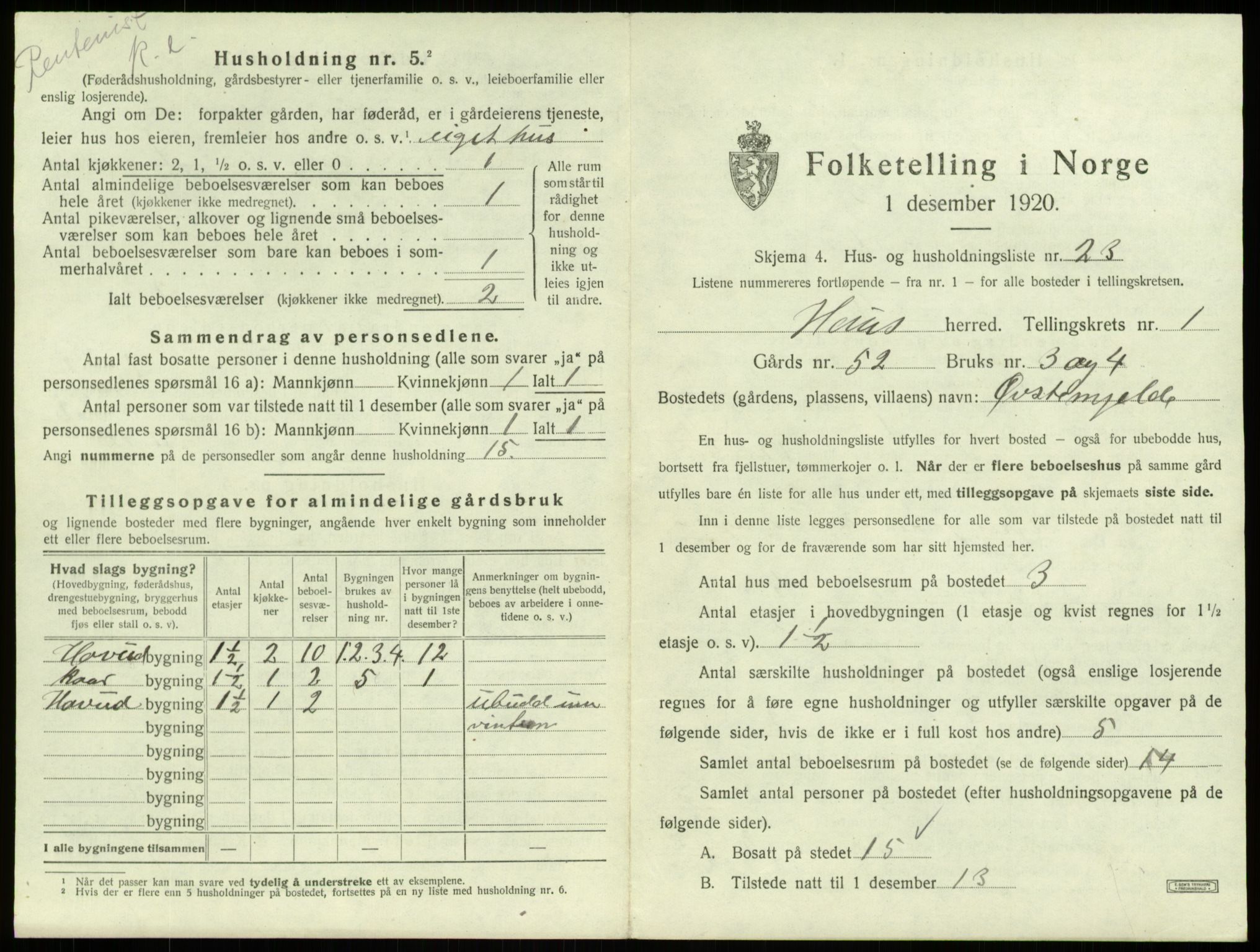 SAB, 1920 census for Haus, 1920, p. 109