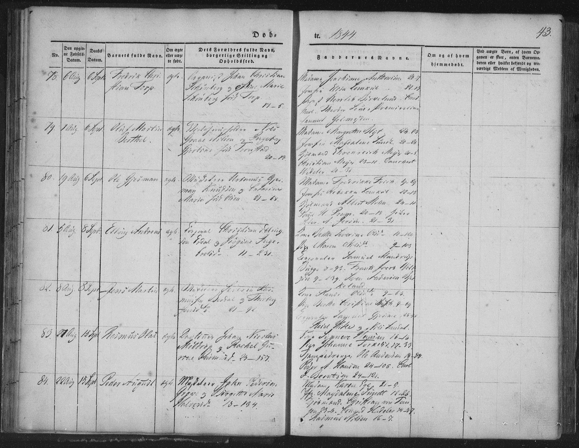 Korskirken sokneprestembete, SAB/A-76101/H/Haa/L0016: Parish register (official) no. B 2, 1841-1851, p. 43