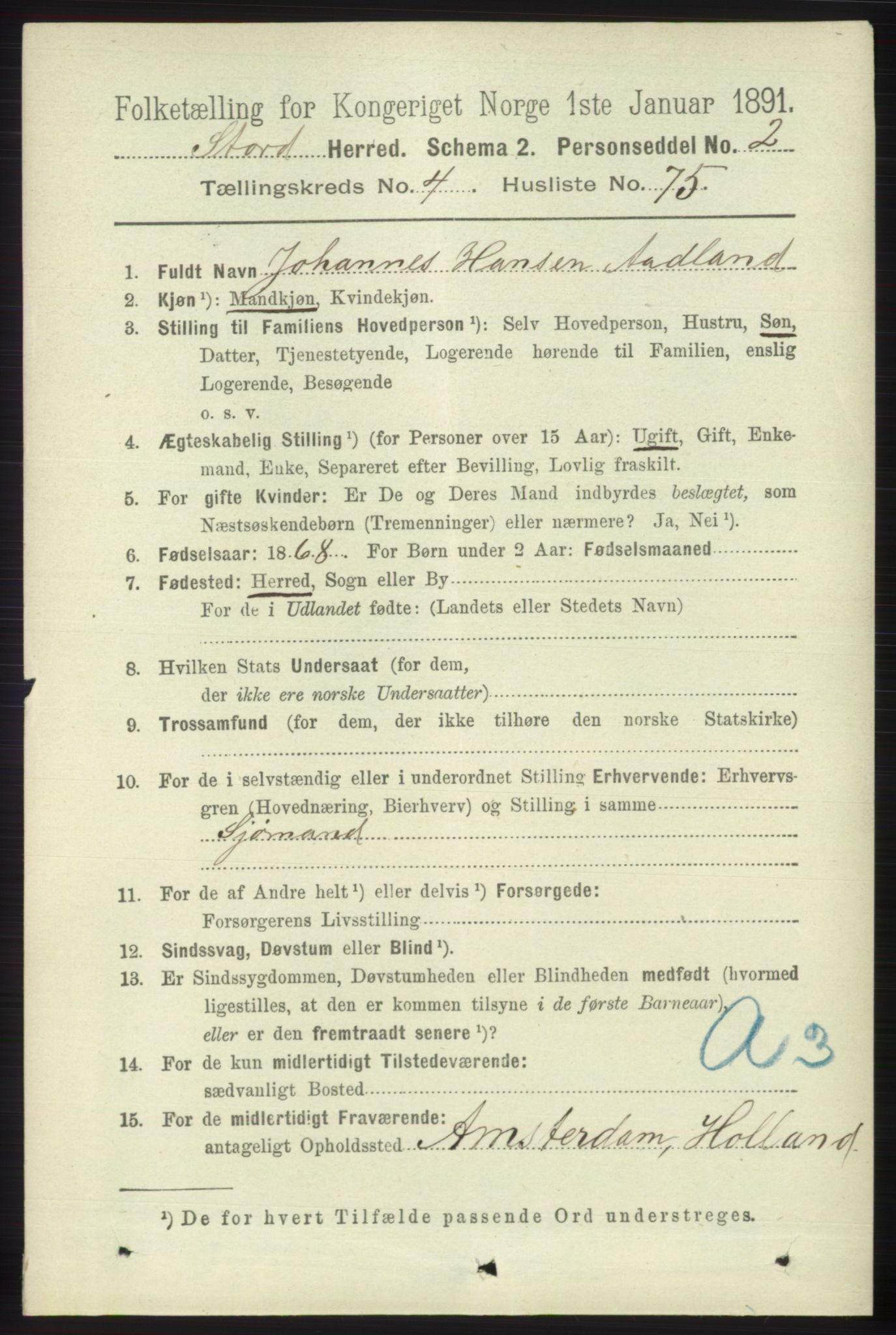 RA, 1891 census for 1221 Stord, 1891, p. 1580