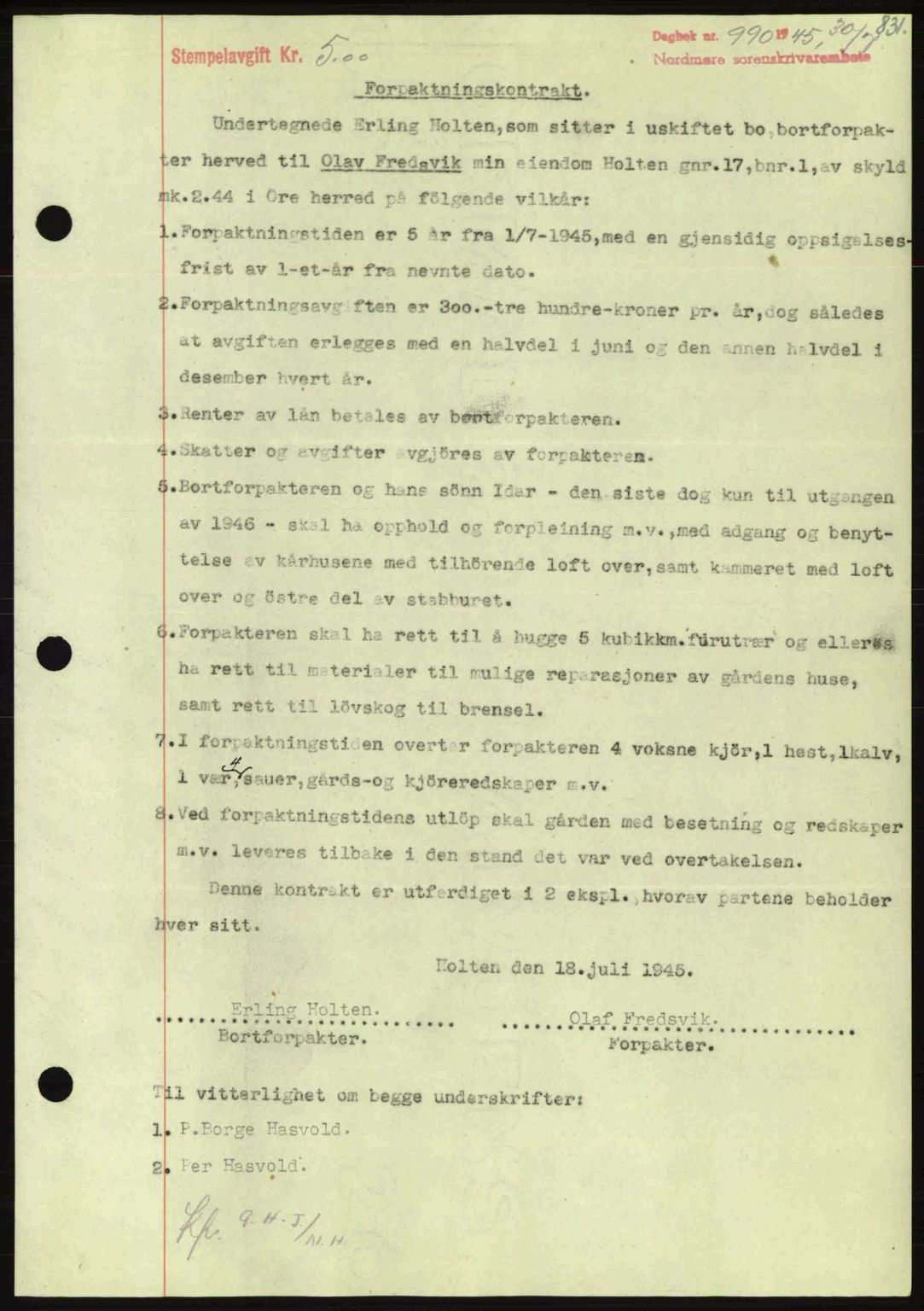 Nordmøre sorenskriveri, AV/SAT-A-4132/1/2/2Ca: Mortgage book no. B92, 1944-1945, Diary no: : 990/1945