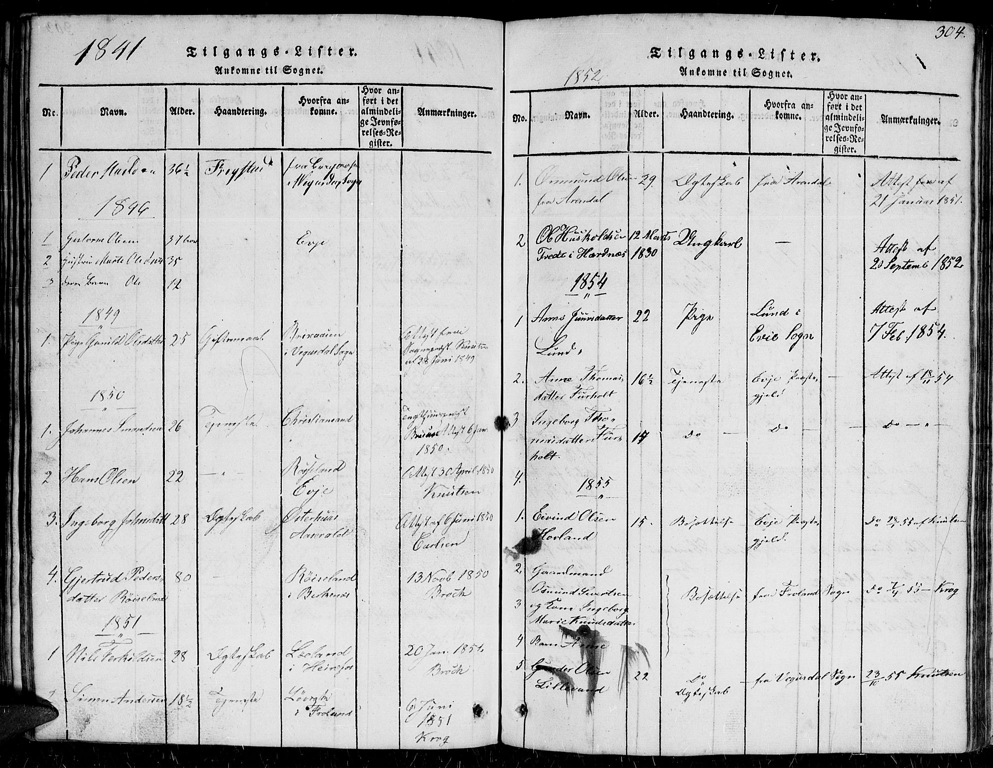 Herefoss sokneprestkontor, AV/SAK-1111-0019/F/Fb/Fbc/L0001: Parish register (copy) no. B 1, 1816-1866, p. 304