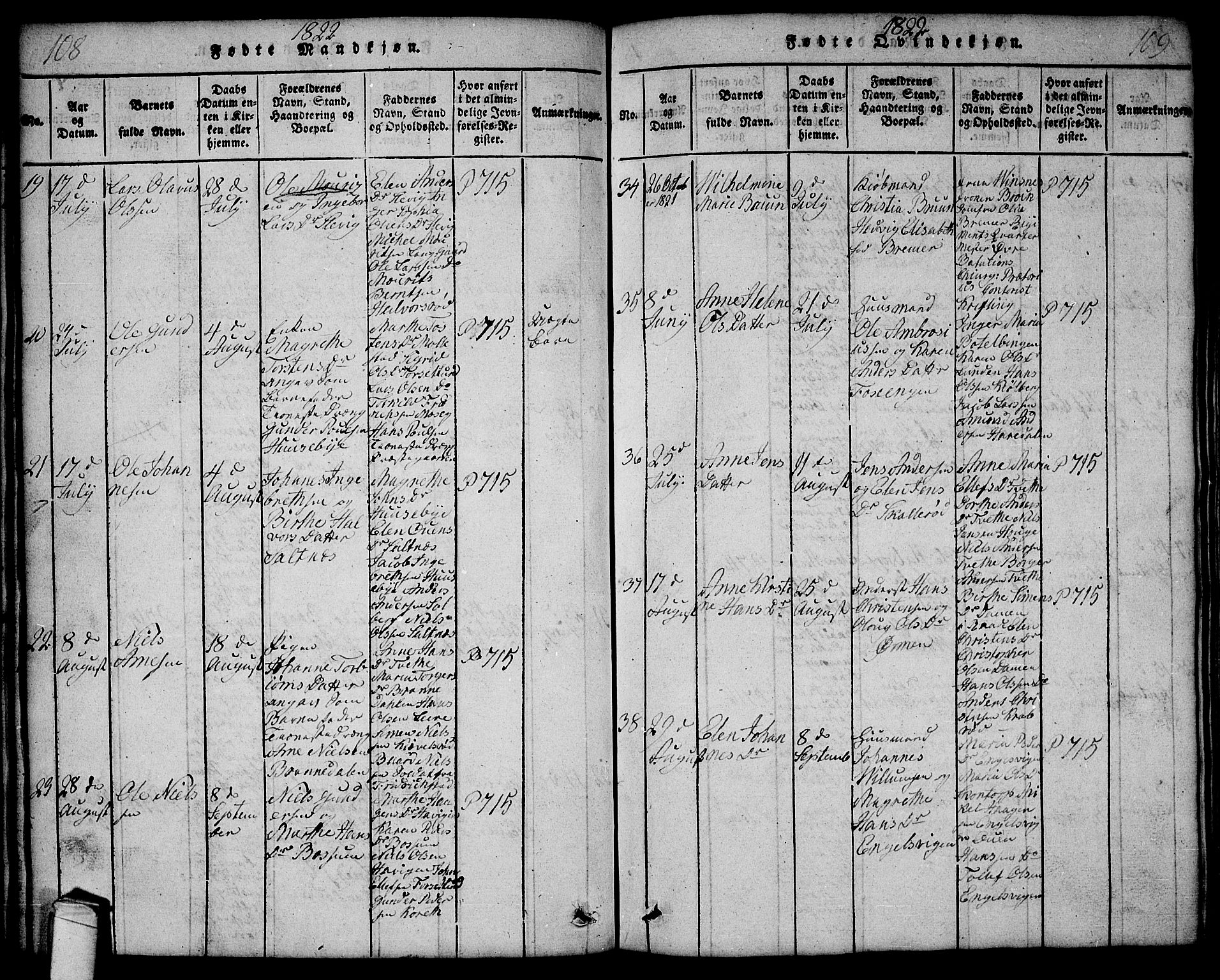 Onsøy prestekontor Kirkebøker, SAO/A-10914/G/Ga/L0001: Parish register (copy) no. I 1, 1814-1840, p. 108-109