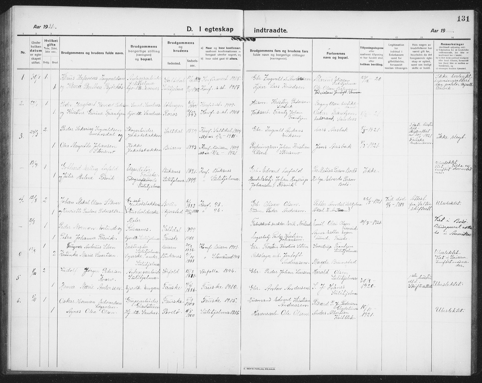 Ministerialprotokoller, klokkerbøker og fødselsregistre - Nordland, AV/SAT-A-1459/850/L0718: Parish register (copy) no. 850C02, 1921-1941, p. 131