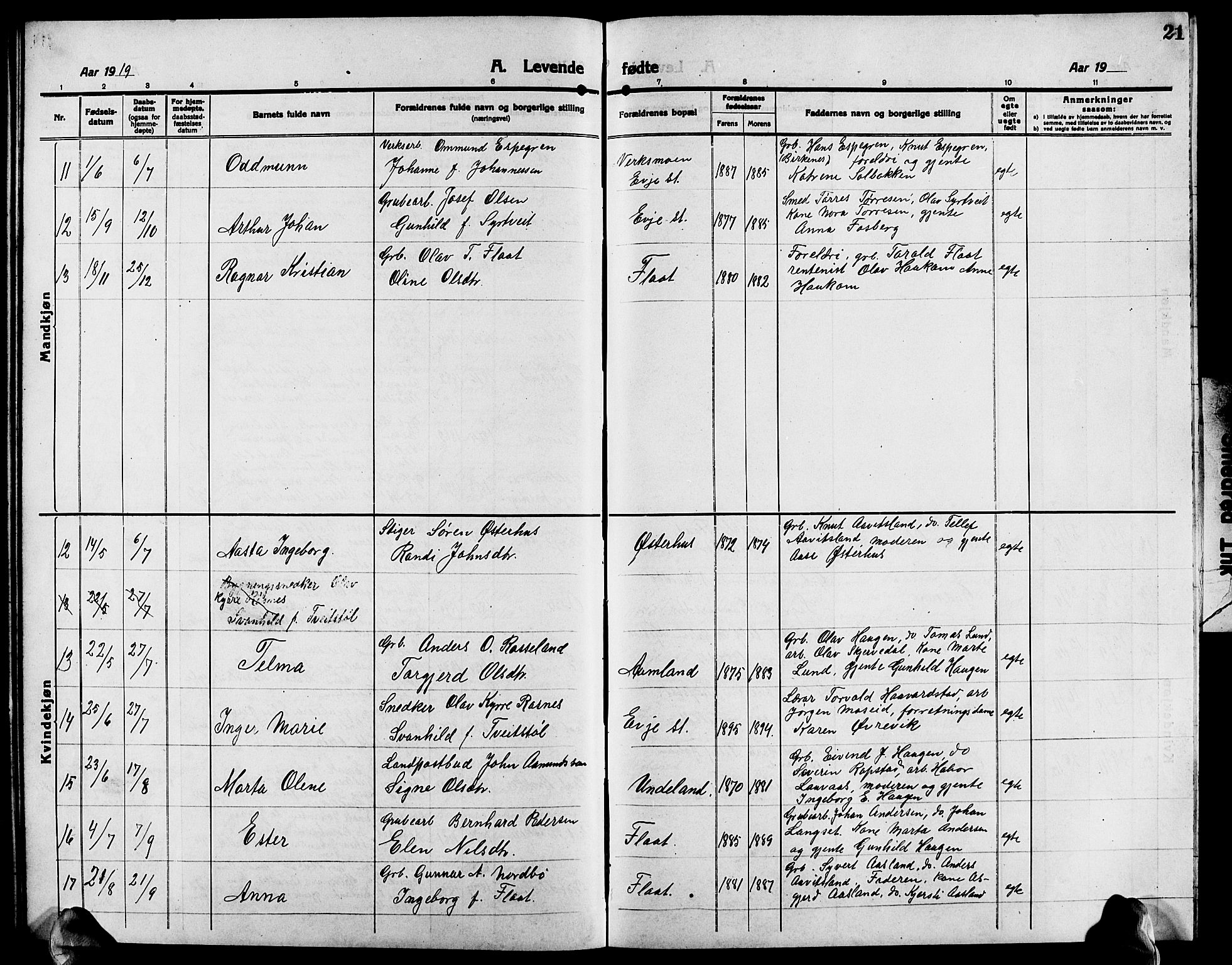 Evje sokneprestkontor, AV/SAK-1111-0008/F/Fb/Fba/L0005: Parish register (copy) no. B 5, 1914-1926, p. 21