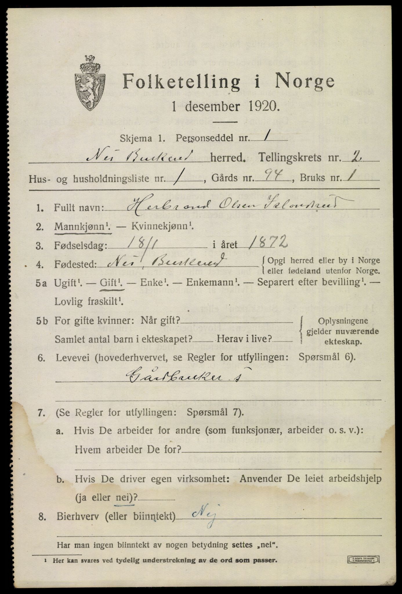 SAKO, 1920 census for Nes (Buskerud), 1920, p. 1308