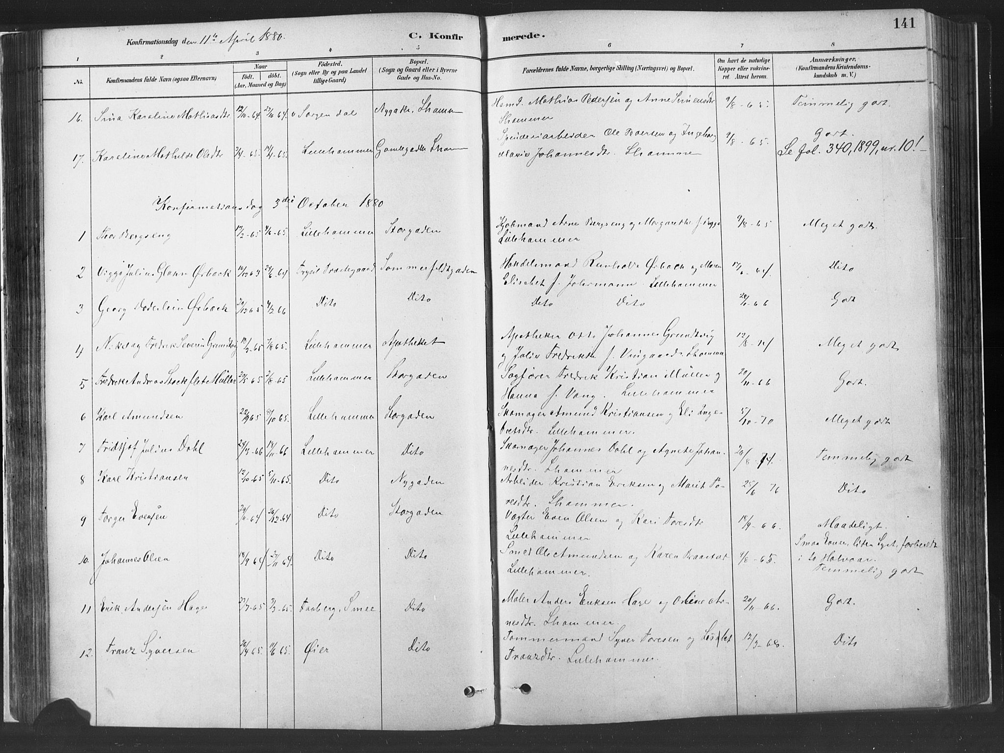 Fåberg prestekontor, SAH/PREST-086/H/Ha/Haa/L0010: Parish register (official) no. 10, 1879-1900, p. 141