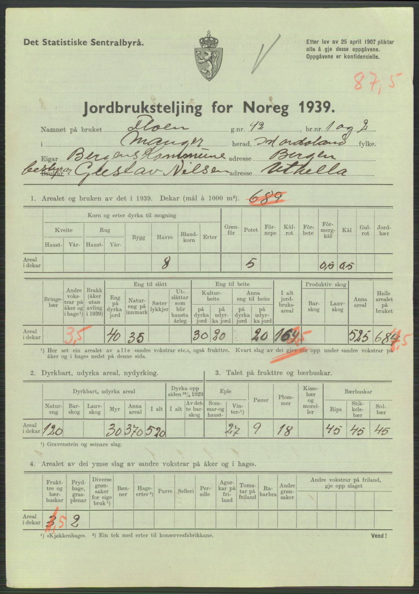 Statistisk sentralbyrå, Næringsøkonomiske emner, Jordbruk, skogbruk, jakt, fiske og fangst, AV/RA-S-2234/G/Gb/L0211: Hordaland: Herdla, Hjelme og Manger, 1939, p. 1859