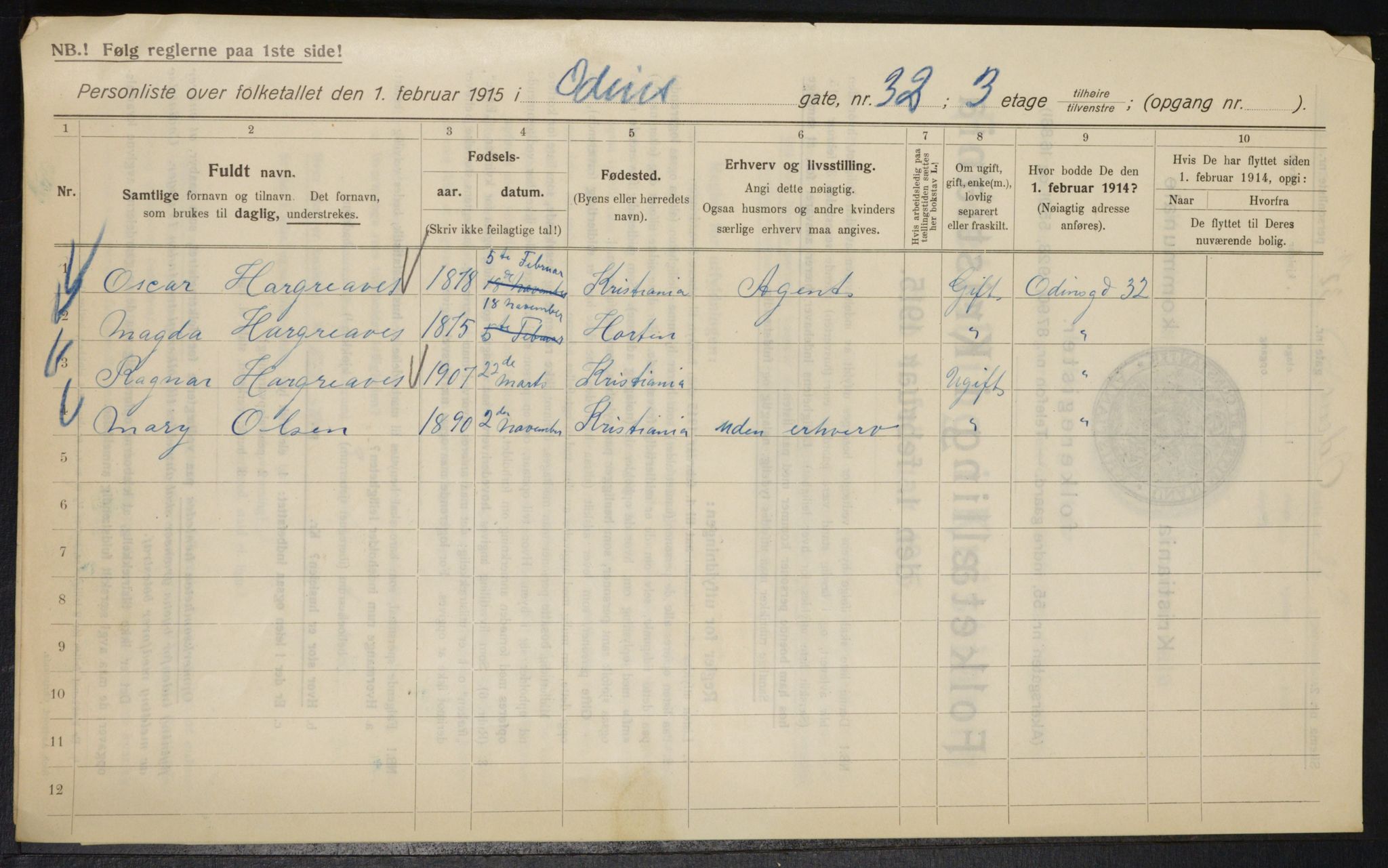 OBA, Municipal Census 1915 for Kristiania, 1915, p. 74454