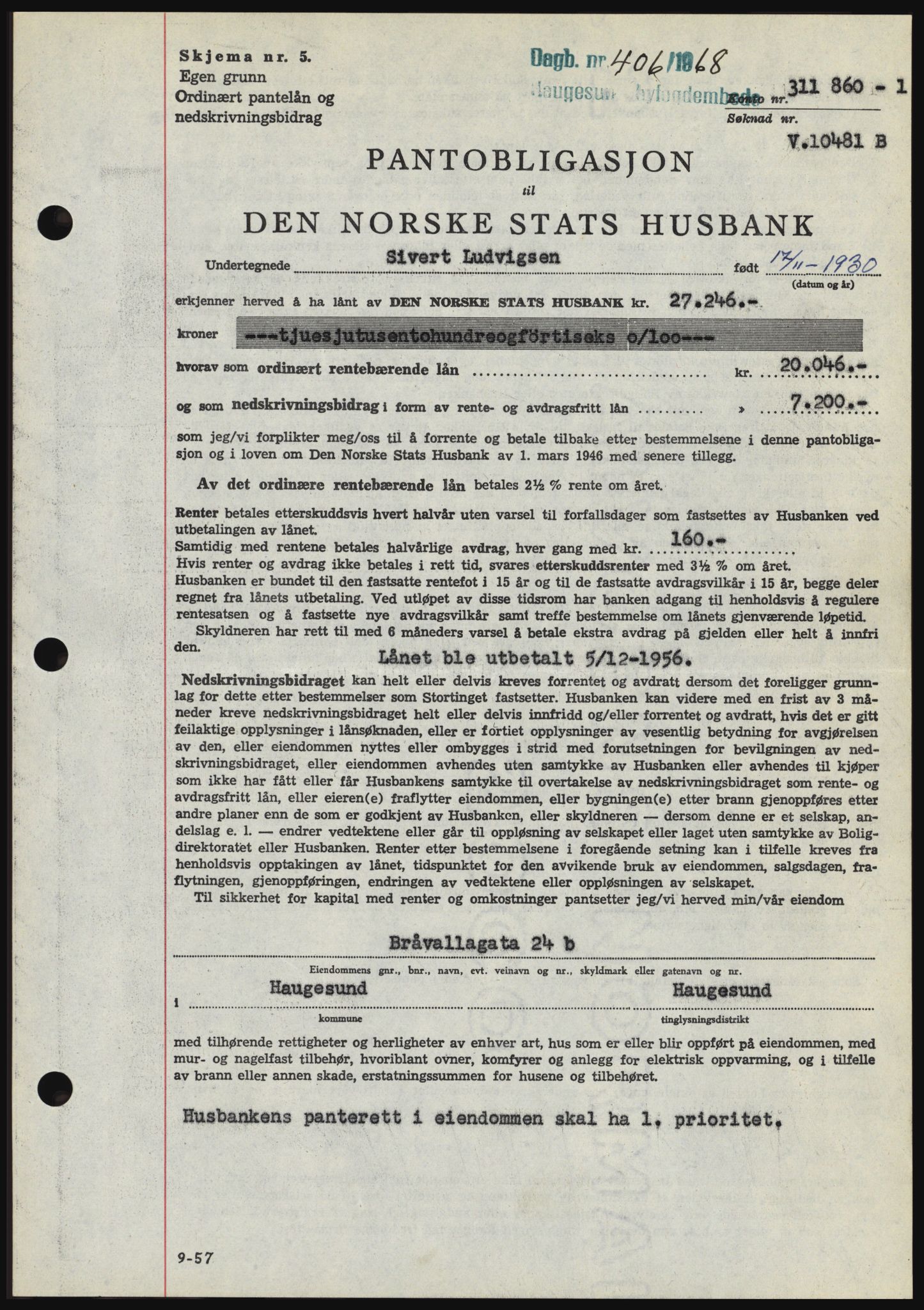 Haugesund tingrett, SAST/A-101415/01/II/IIC/L0058: Mortgage book no. B 58, 1967-1968, Diary no: : 406/1968