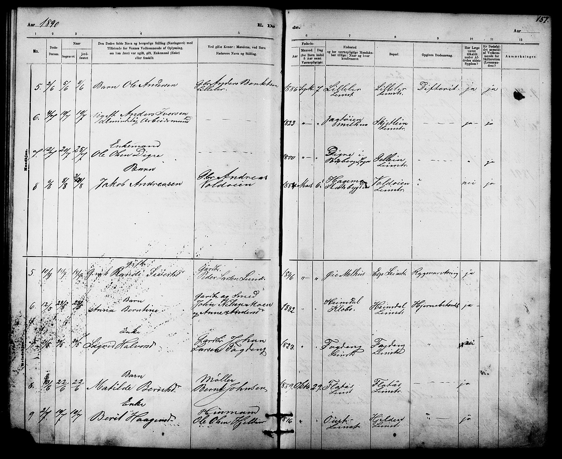 Ministerialprotokoller, klokkerbøker og fødselsregistre - Sør-Trøndelag, SAT/A-1456/613/L0395: Parish register (copy) no. 613C03, 1887-1909, p. 157