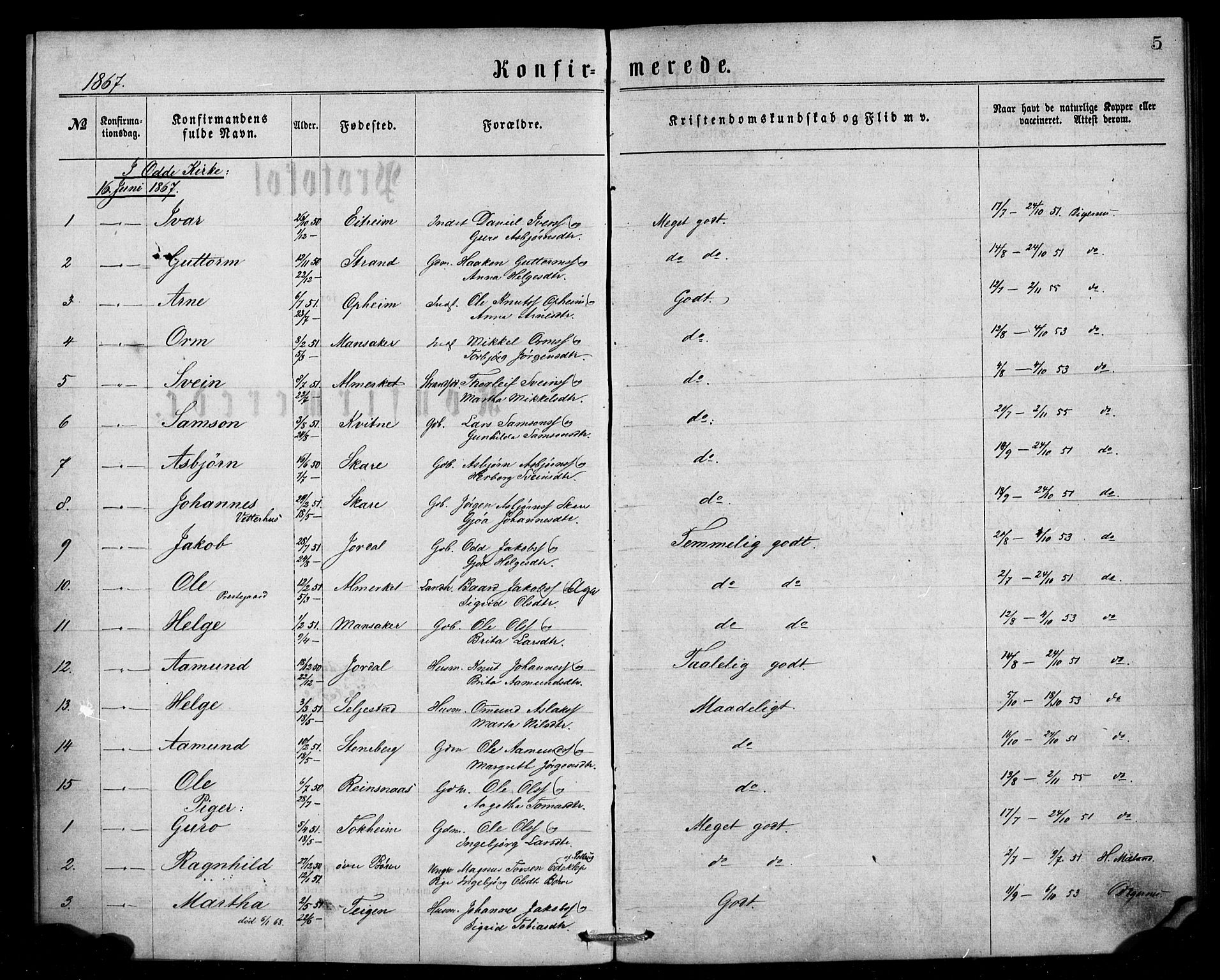 Ullensvang sokneprestembete, SAB/A-78701/H/Haa: Parish register (official) no. A 13, 1867-1879, p. 5