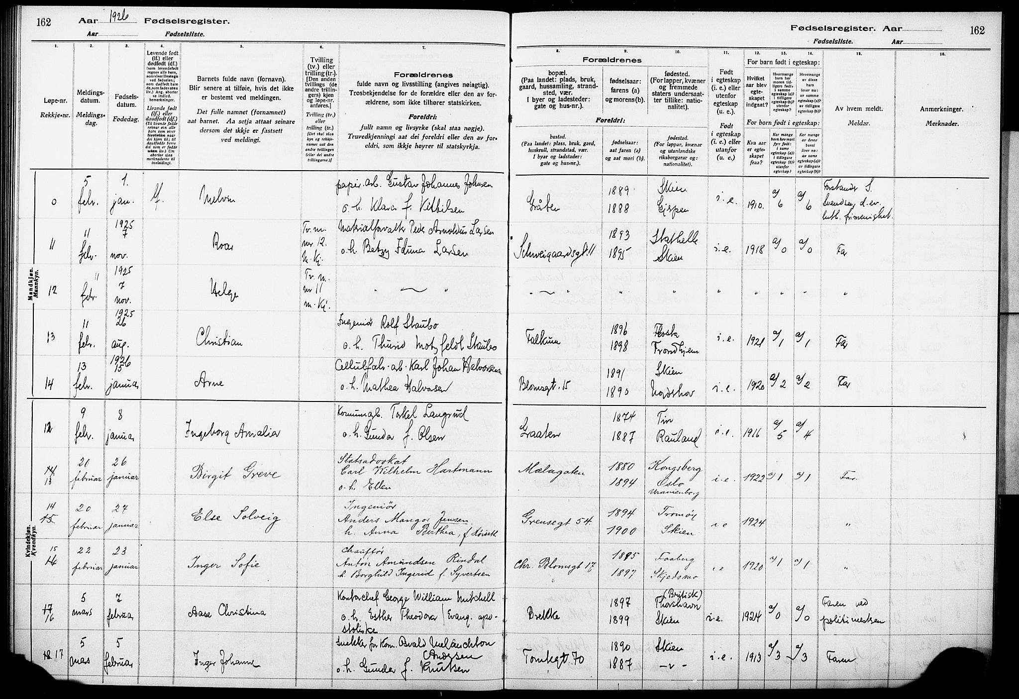 Skien kirkebøker, AV/SAKO-A-302/J/Ja/L0002: Birth register no. 2, 1921-1927, p. 162