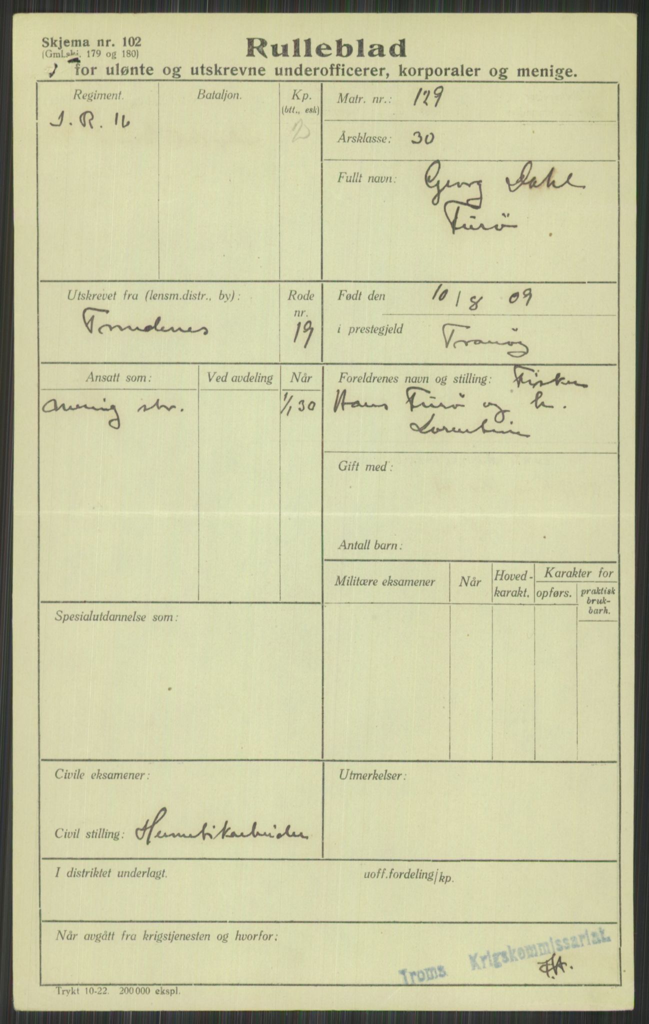 Forsvaret, Troms infanteriregiment nr. 16, AV/RA-RAFA-3146/P/Pa/L0014: Rulleblad for regimentets menige mannskaper, årsklasse 1930, 1930, p. 189