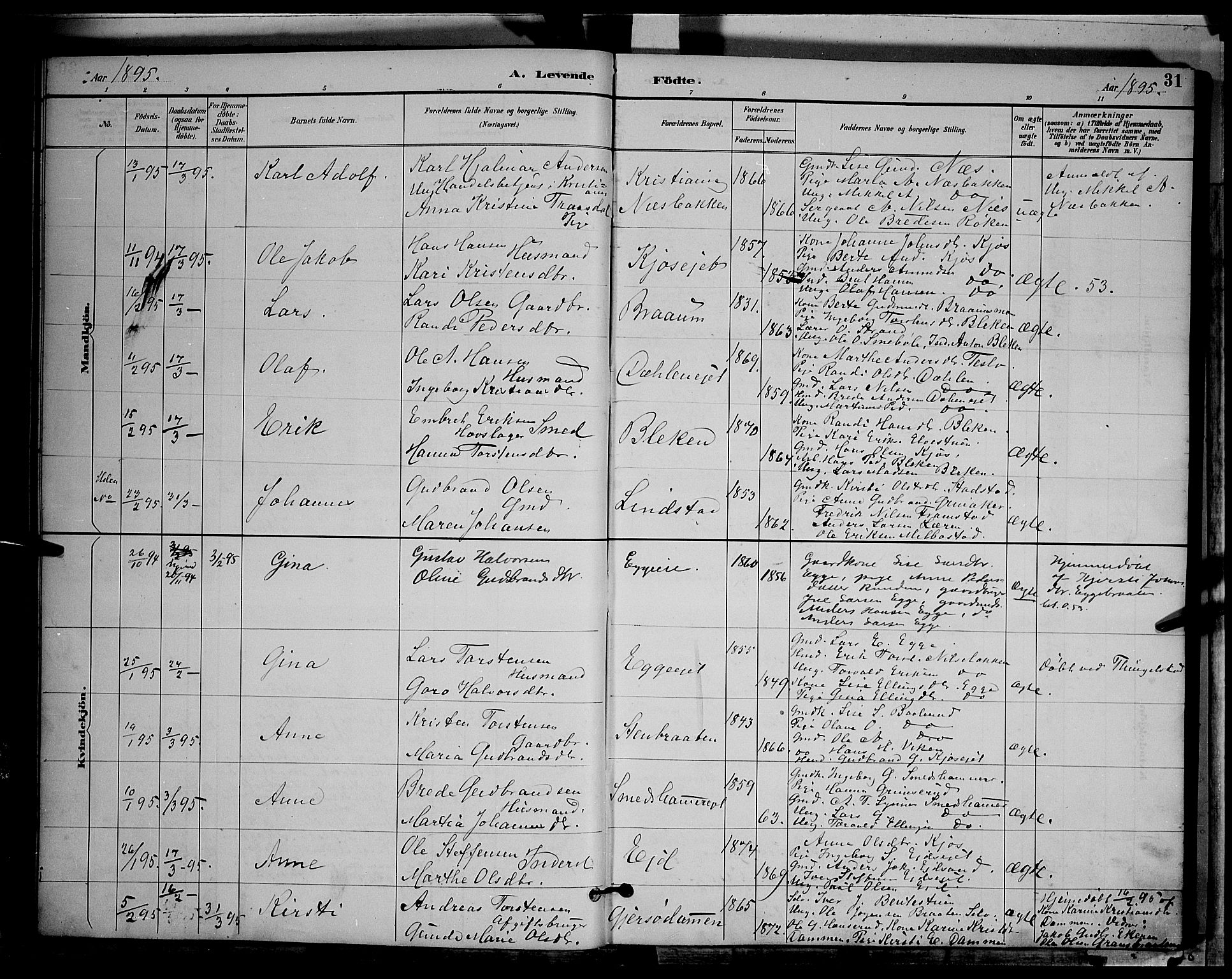 Gran prestekontor, SAH/PREST-112/H/Ha/Hab/L0004: Parish register (copy) no. 4, 1890-1899, p. 31