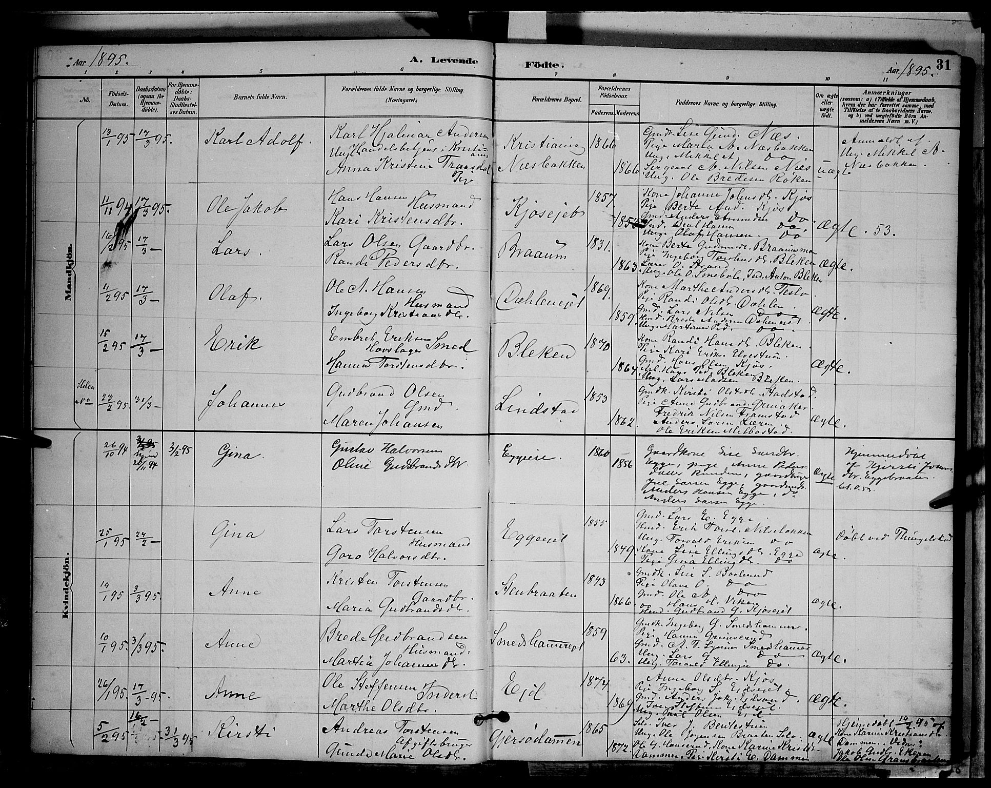 Gran prestekontor, AV/SAH-PREST-112/H/Ha/Hab/L0004: Parish register (copy) no. 4, 1890-1899, p. 31