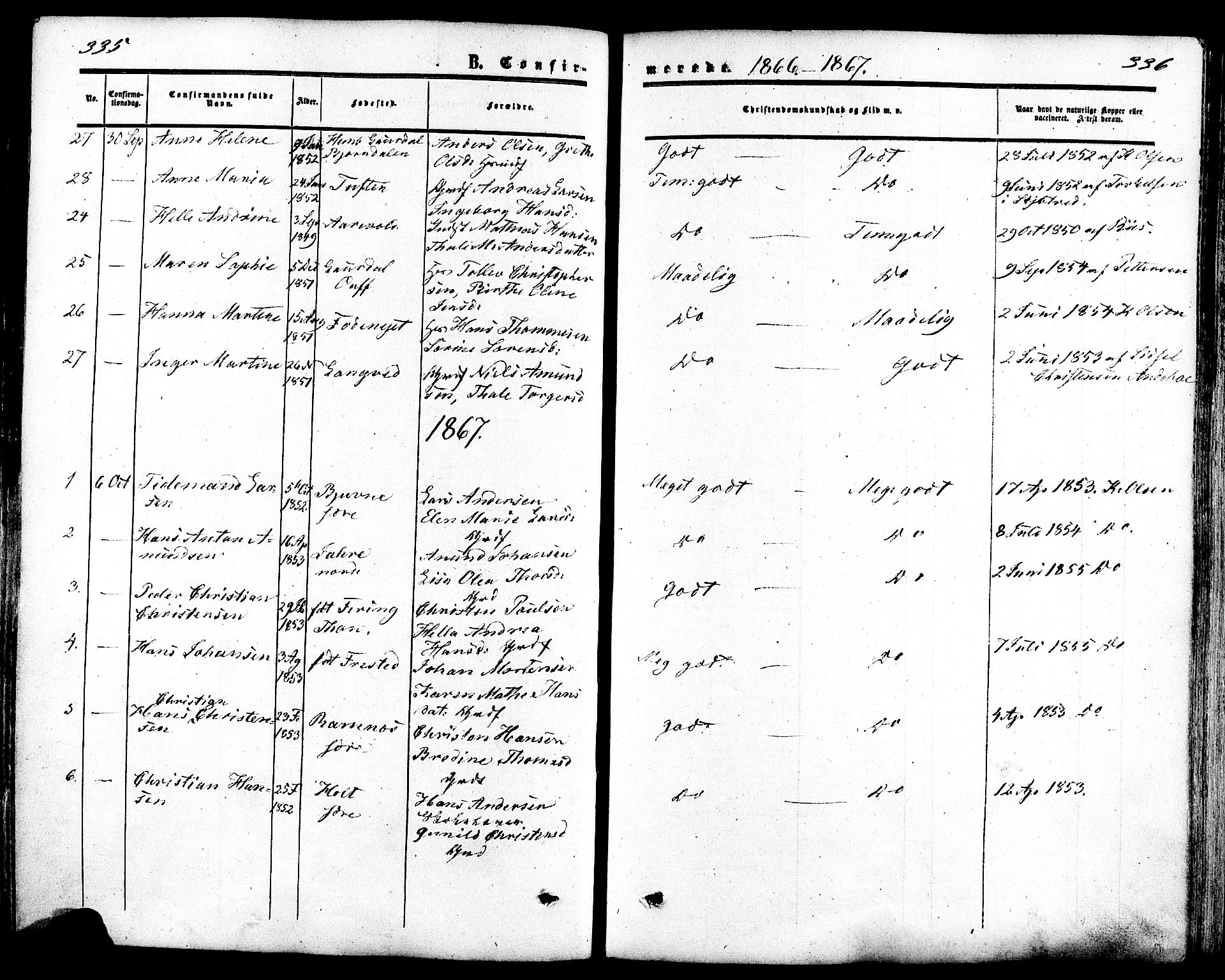 Ramnes kirkebøker, AV/SAKO-A-314/F/Fa/L0006: Parish register (official) no. I 6, 1862-1877, p. 335-336