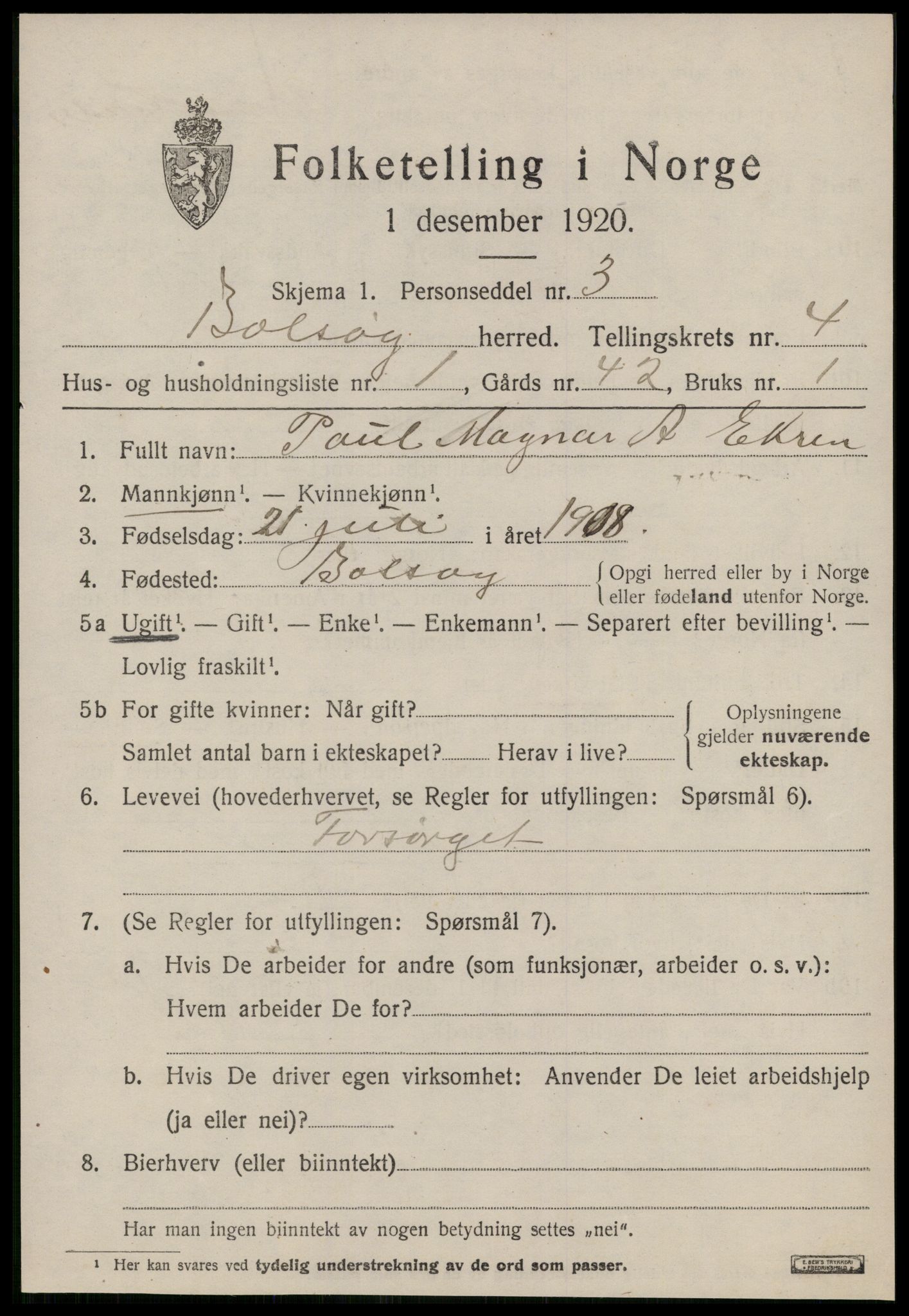 SAT, 1920 census for Bolsøy, 1920, p. 6559