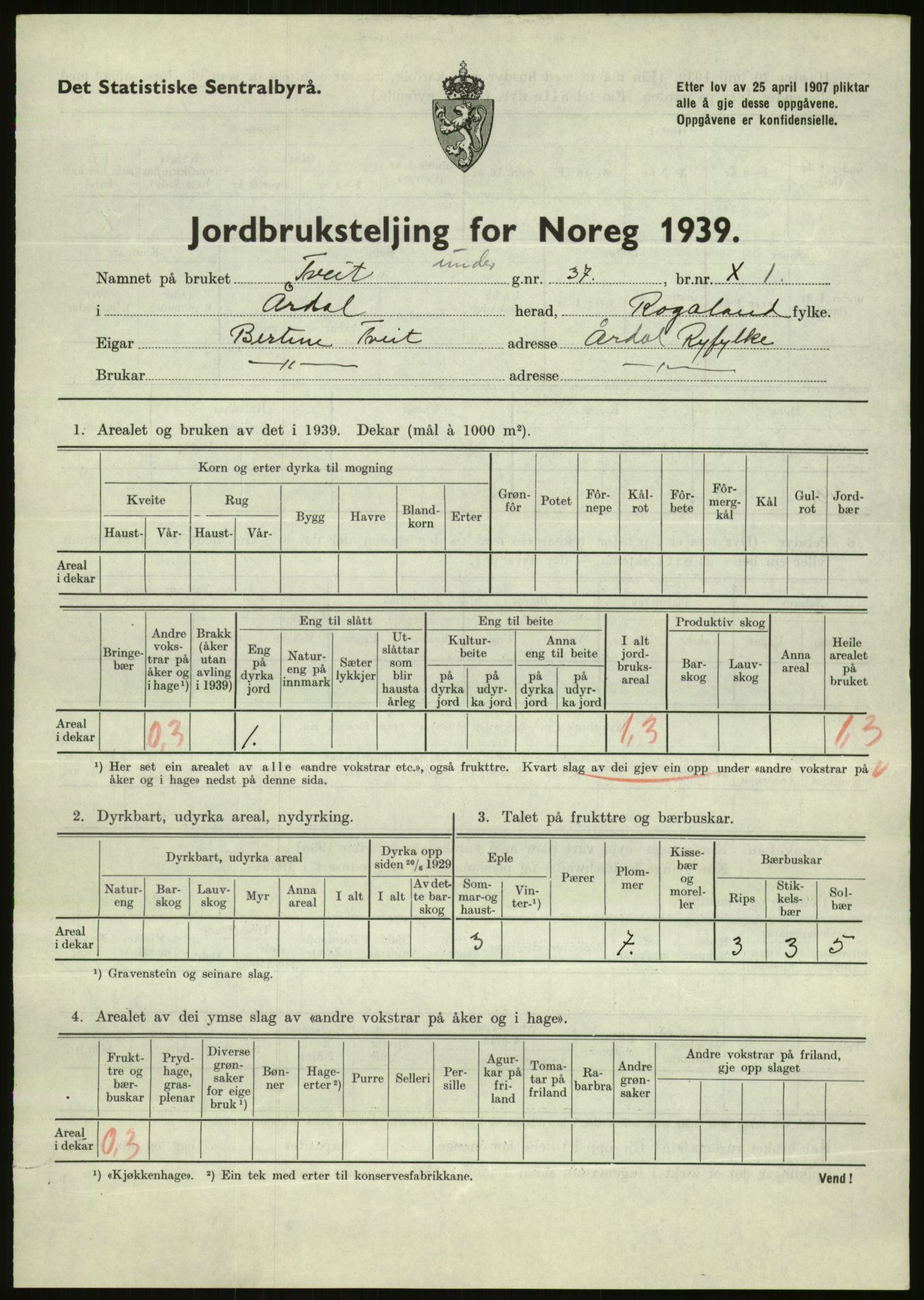 Statistisk sentralbyrå, Næringsøkonomiske emner, Jordbruk, skogbruk, jakt, fiske og fangst, AV/RA-S-2234/G/Gb/L0184: Rogaland: Årdal, Fister og Hjelmeland, 1939, p. 383