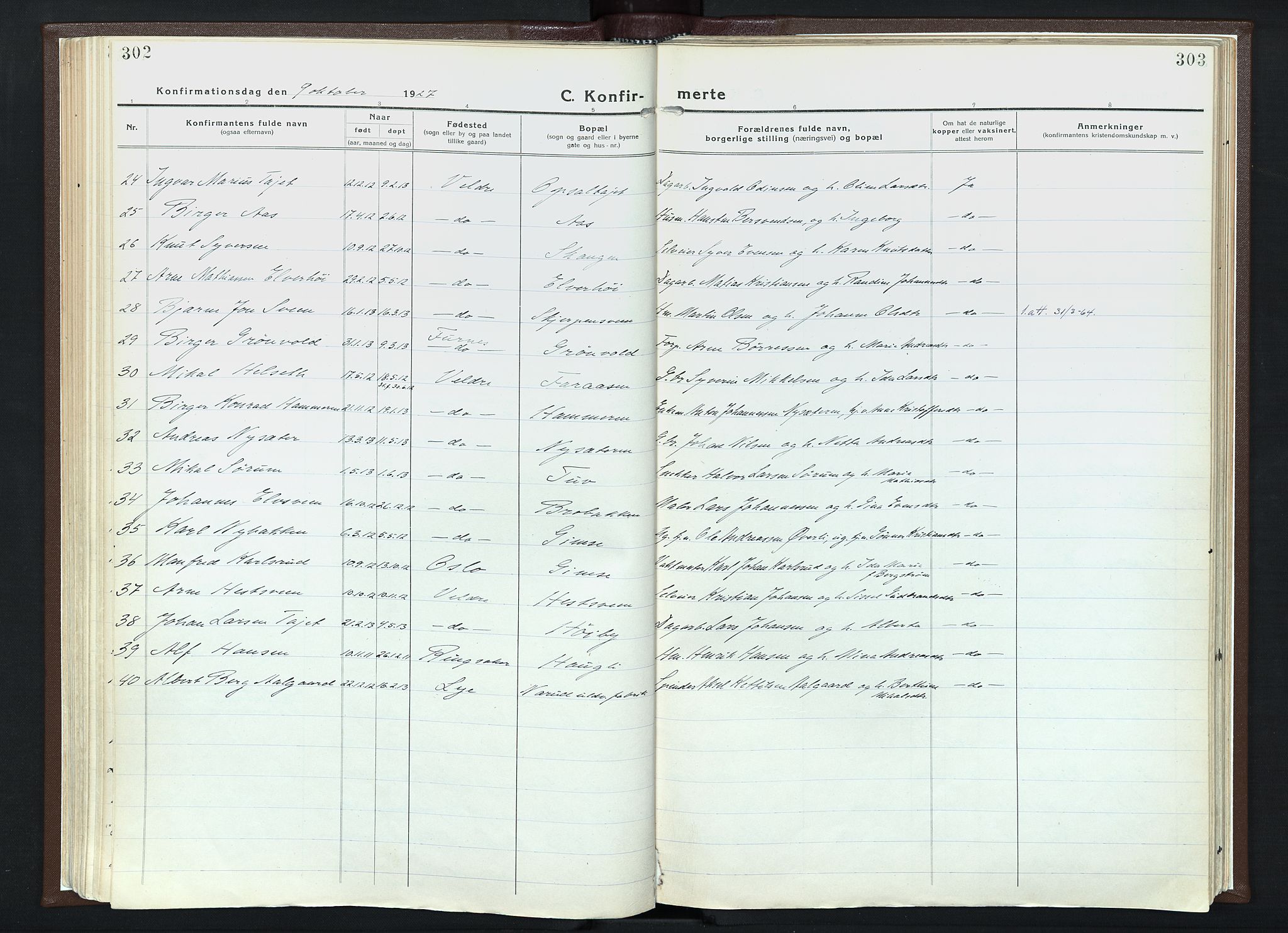 Veldre prestekontor, AV/SAH-PREST-018/K/Ka/L0001: Parish register (official) no. 1, 1921-1934, p. 302-303