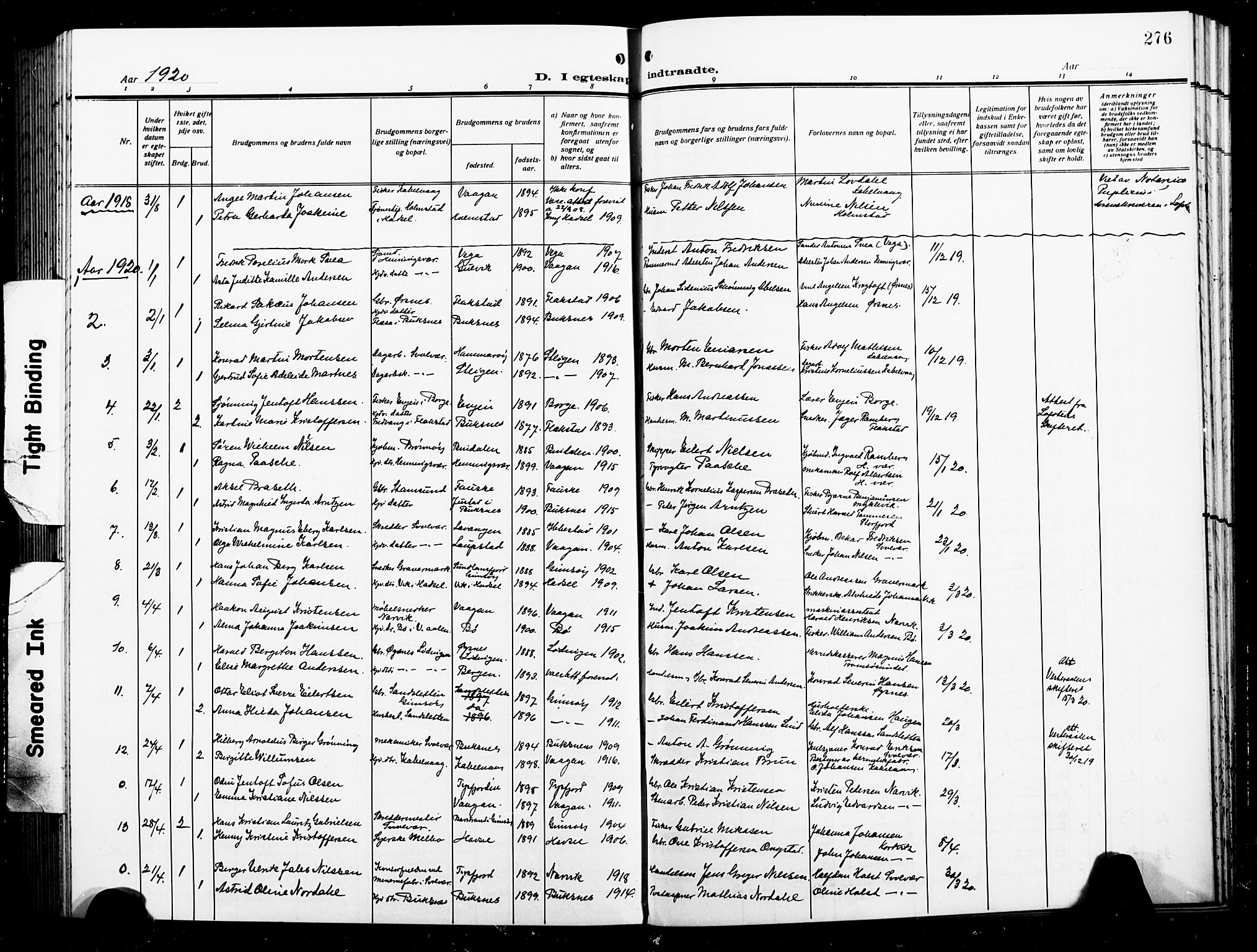 Ministerialprotokoller, klokkerbøker og fødselsregistre - Nordland, AV/SAT-A-1459/874/L1080: Parish register (copy) no. 874C09, 1915-1925, p. 276