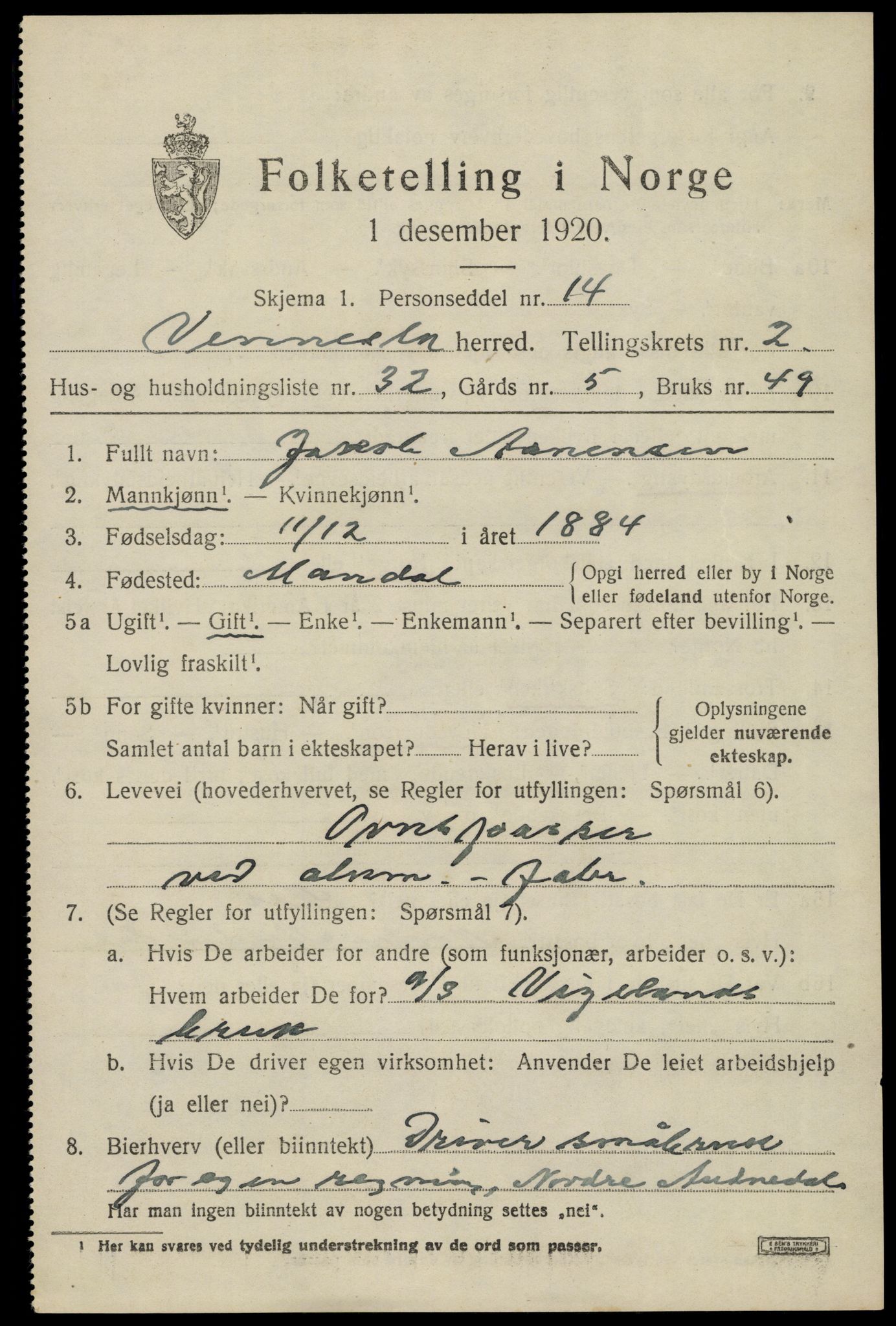 SAK, 1920 census for Vennesla, 1920, p. 1904