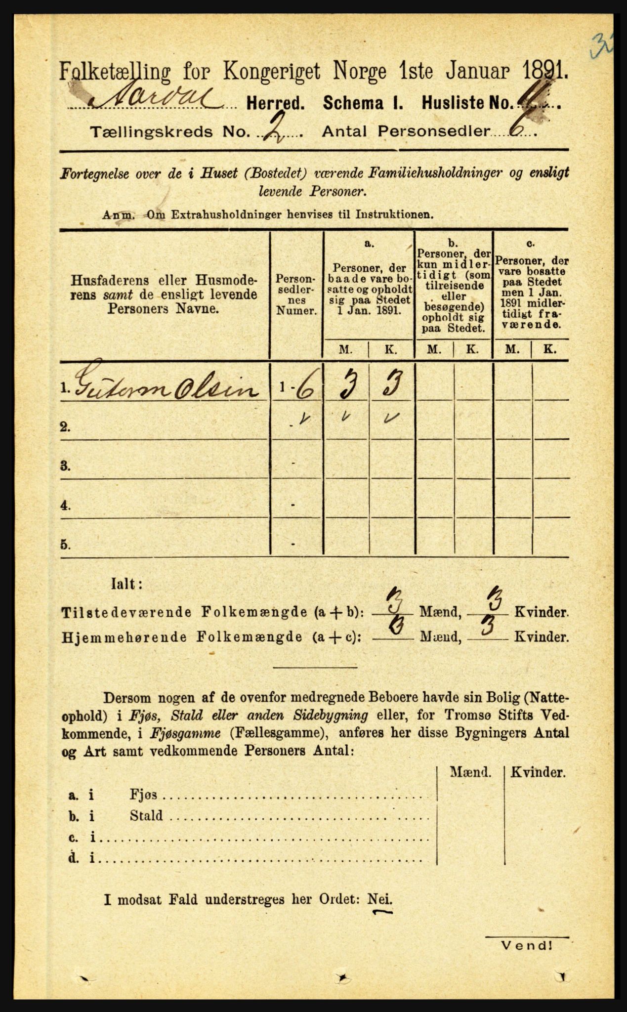 RA, 1891 census for 1424 Årdal, 1891, p. 137