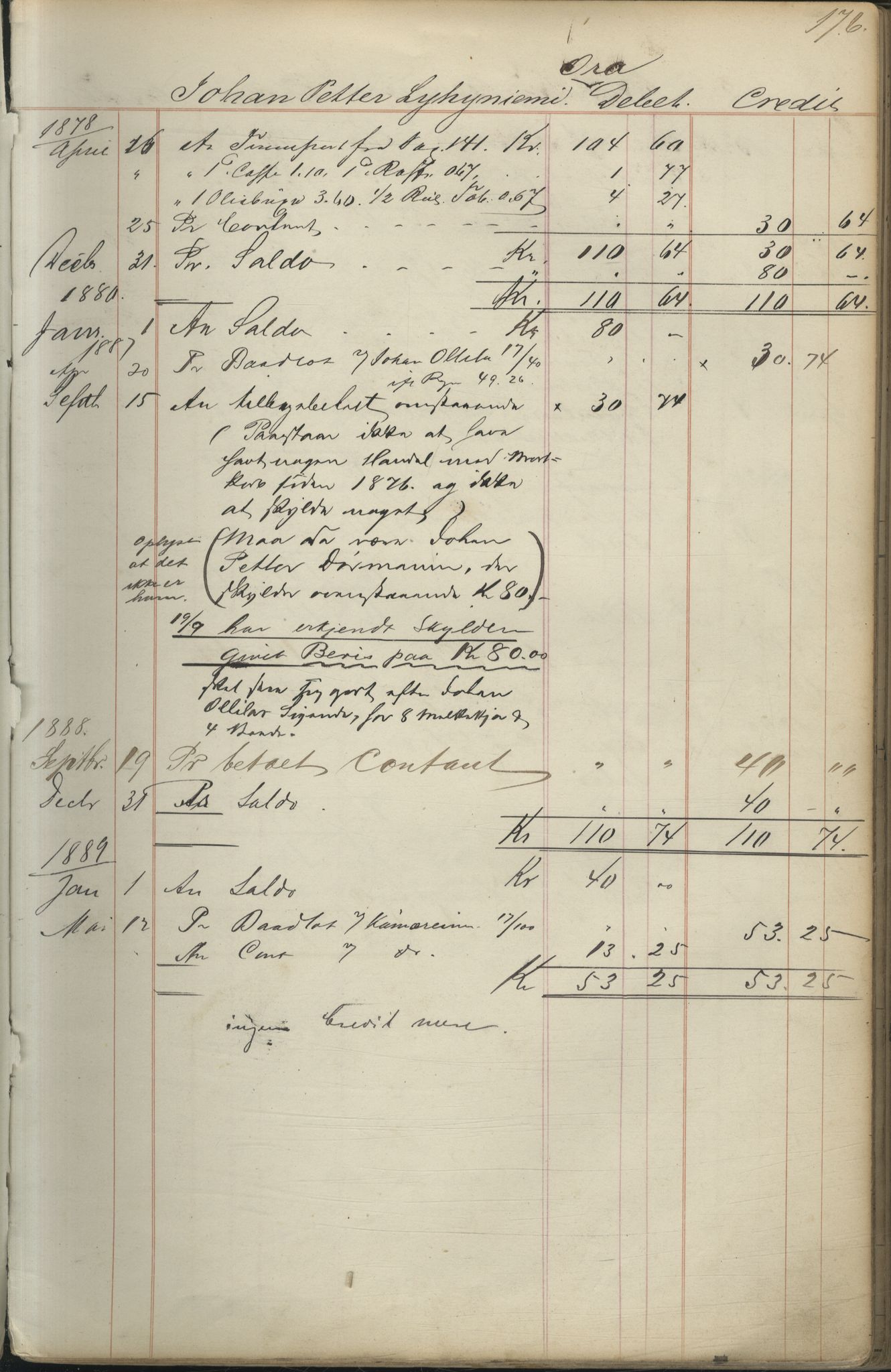 Brodtkorb handel A/S, VAMU/A-0001/F/Fc/L0001/0001: Konto for kvener og nordmenn på Kolahalvøya  / Conto for Kvæner og Nordmænd paa Russefinmarken No 1, 1868-1894, p. 176