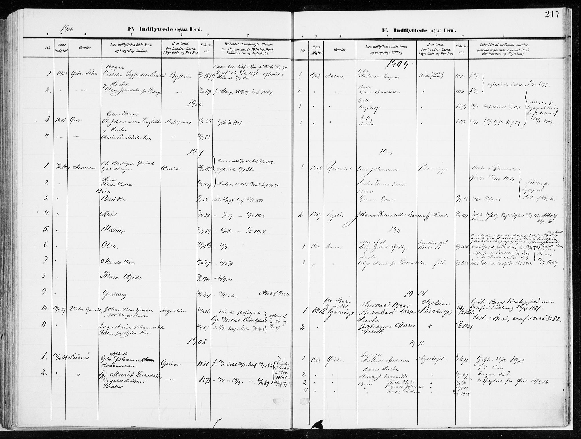 Ringsaker prestekontor, SAH/PREST-014/K/Ka/L0019: Parish register (official) no. 19, 1905-1920, p. 217