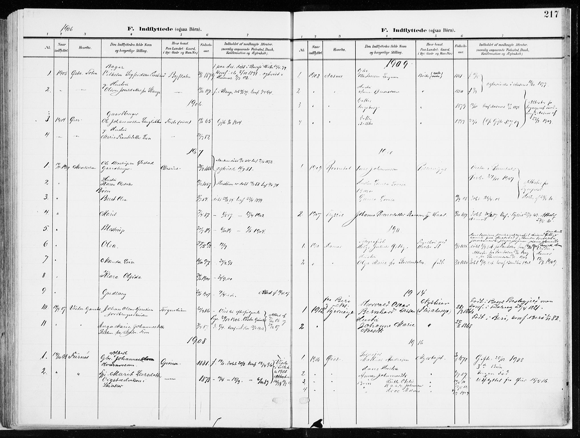 Ringsaker prestekontor, AV/SAH-PREST-014/K/Ka/L0019: Parish register (official) no. 19, 1905-1920, p. 217