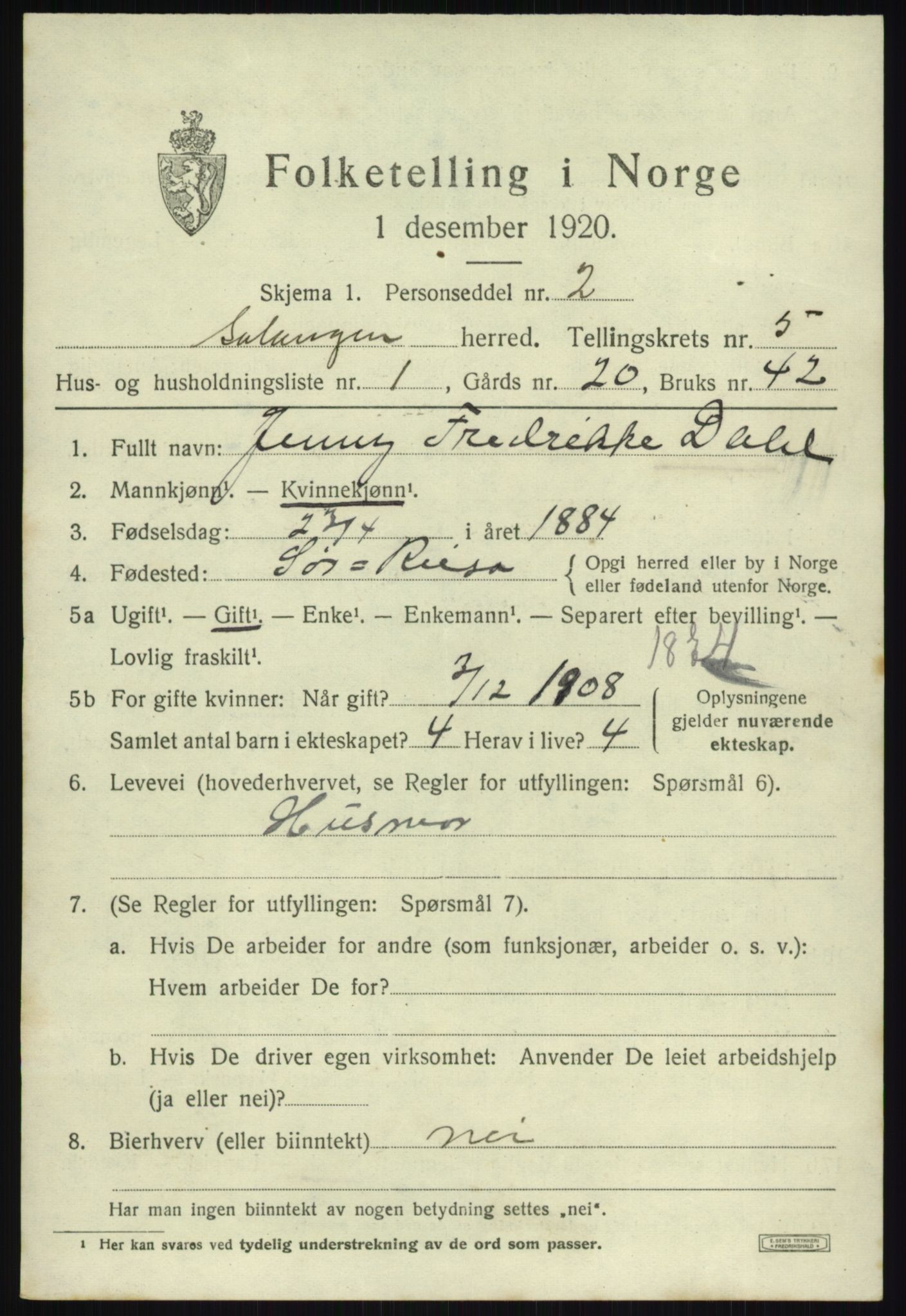 SATØ, 1920 census for Salangen, 1920, p. 3298