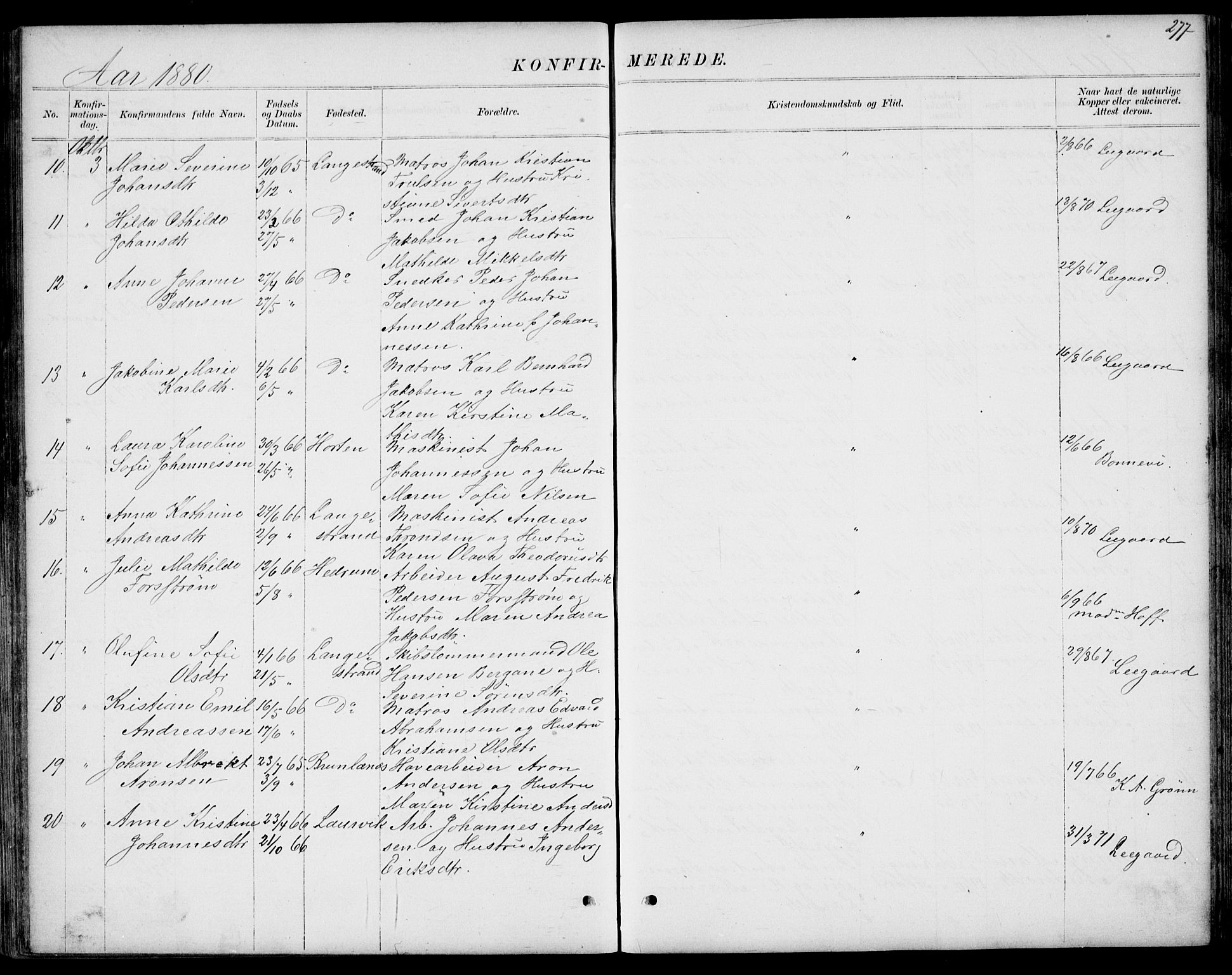 Larvik kirkebøker, SAKO/A-352/G/Gb/L0003: Parish register (copy) no. II 3, 1867-1899, p. 277