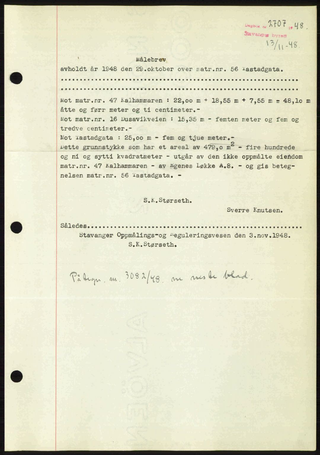 Stavanger byrett, SAST/A-100455/002/G/Gb/L0023: Mortgage book no. A12, 1948-1949, Diary no: : 2707/1948