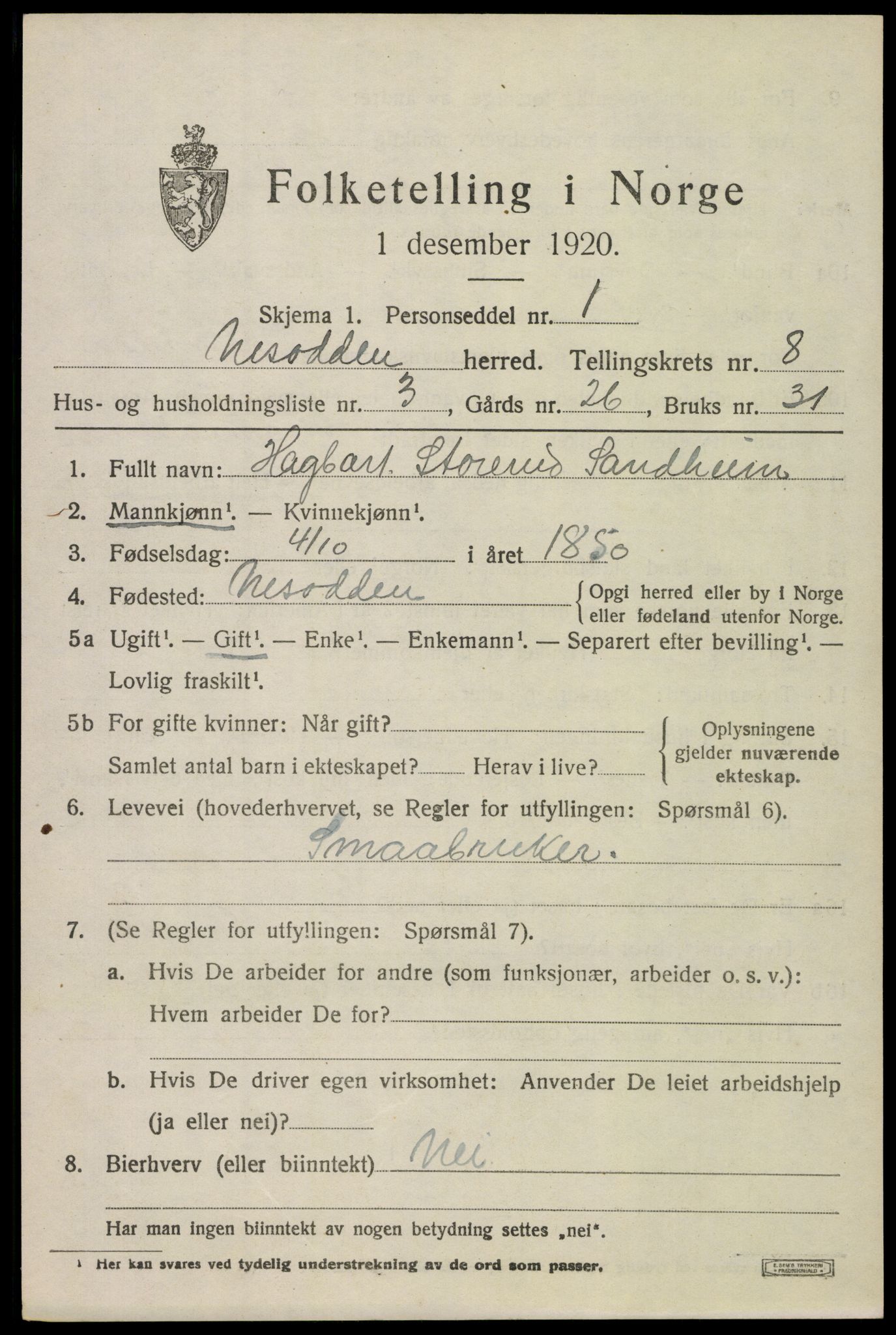 SAO, 1920 census for Nesodden, 1920, p. 6275