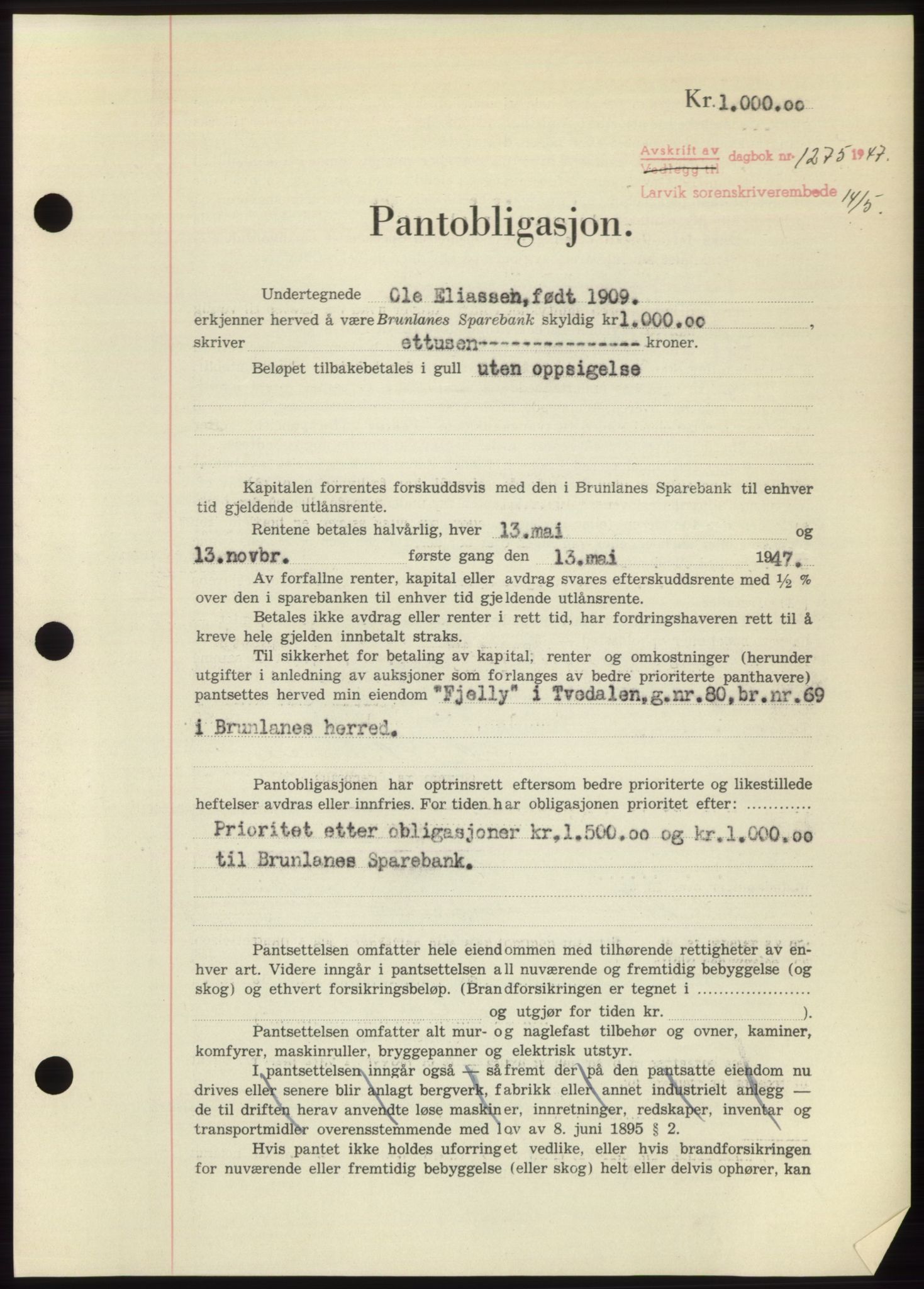 Larvik sorenskriveri, AV/SAKO-A-83/G/Ga/Gac/L0012: Mortgage book no. B-12, 1947-1947, Diary no: : 1275/1947