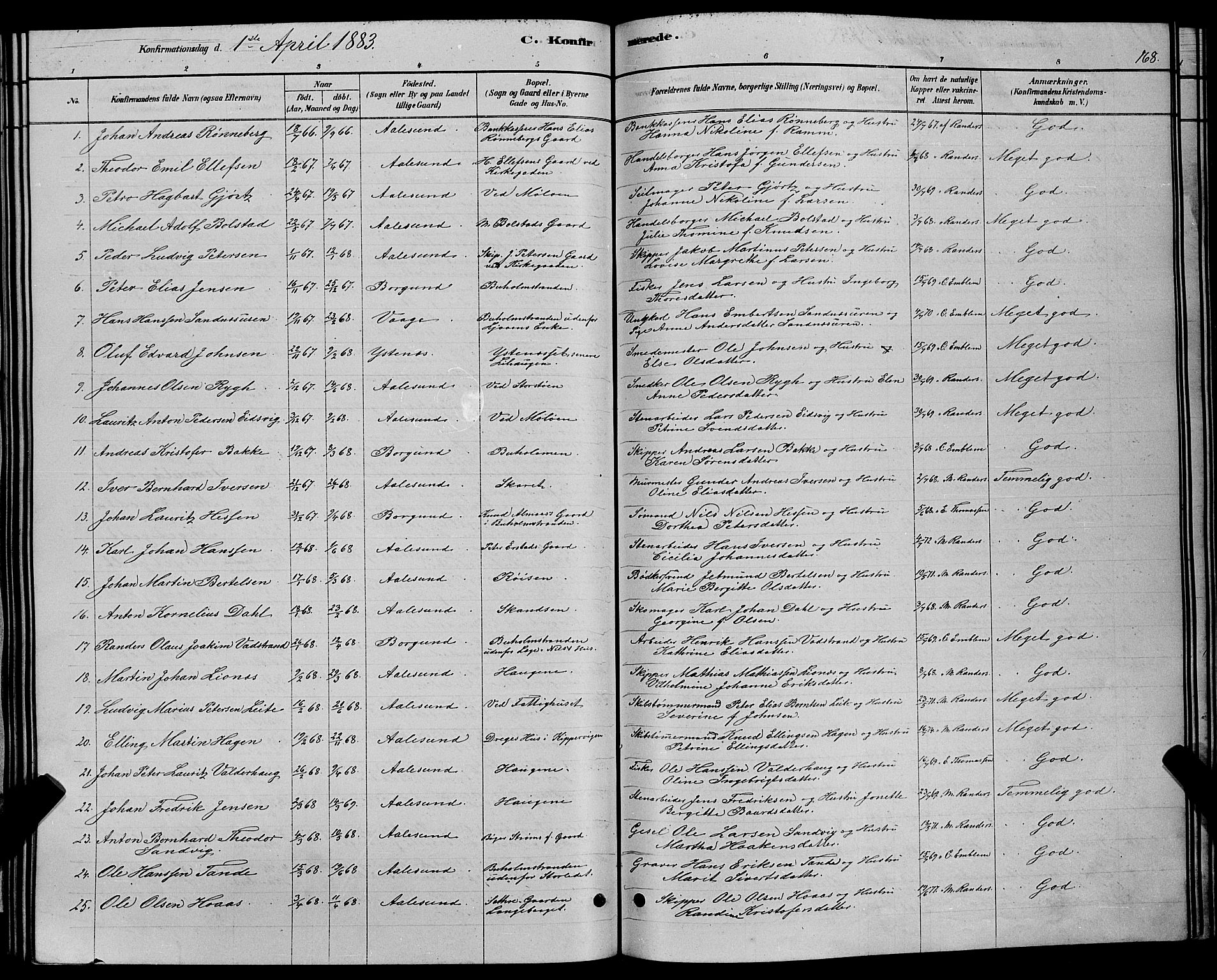 Ministerialprotokoller, klokkerbøker og fødselsregistre - Møre og Romsdal, SAT/A-1454/529/L0466: Parish register (copy) no. 529C03, 1878-1888, p. 168