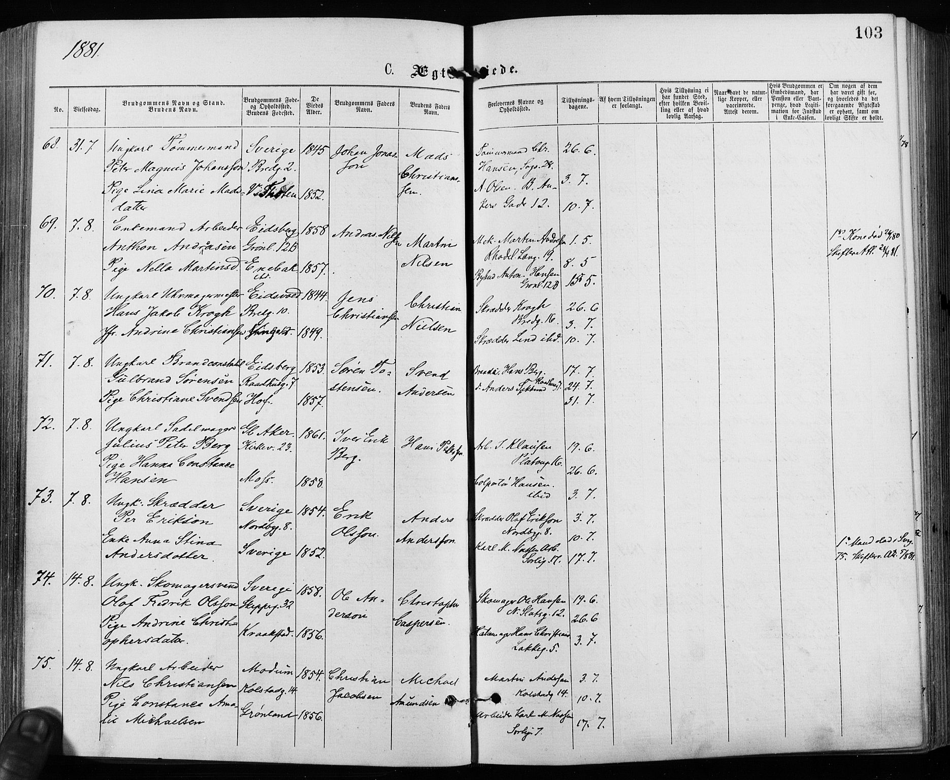 Grønland prestekontor Kirkebøker, AV/SAO-A-10848/F/Fa/L0006: Parish register (official) no. 6, 1877-1886, p. 103